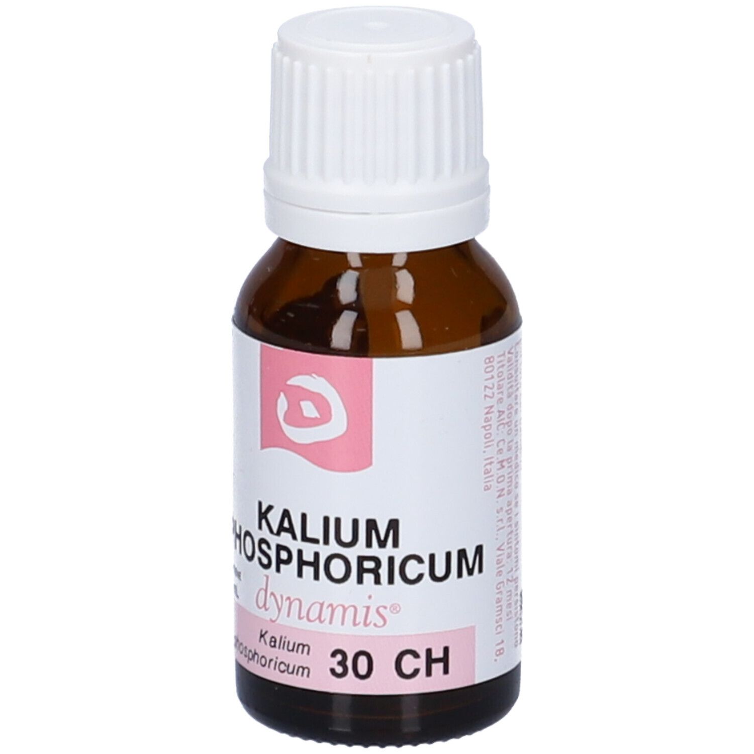 Flacone di vetro marrone con tappo bianco. Etichetta con informazioni sul prodotto e accenti rosa. Scritto: Kalium Phosphoricum 30 CH.