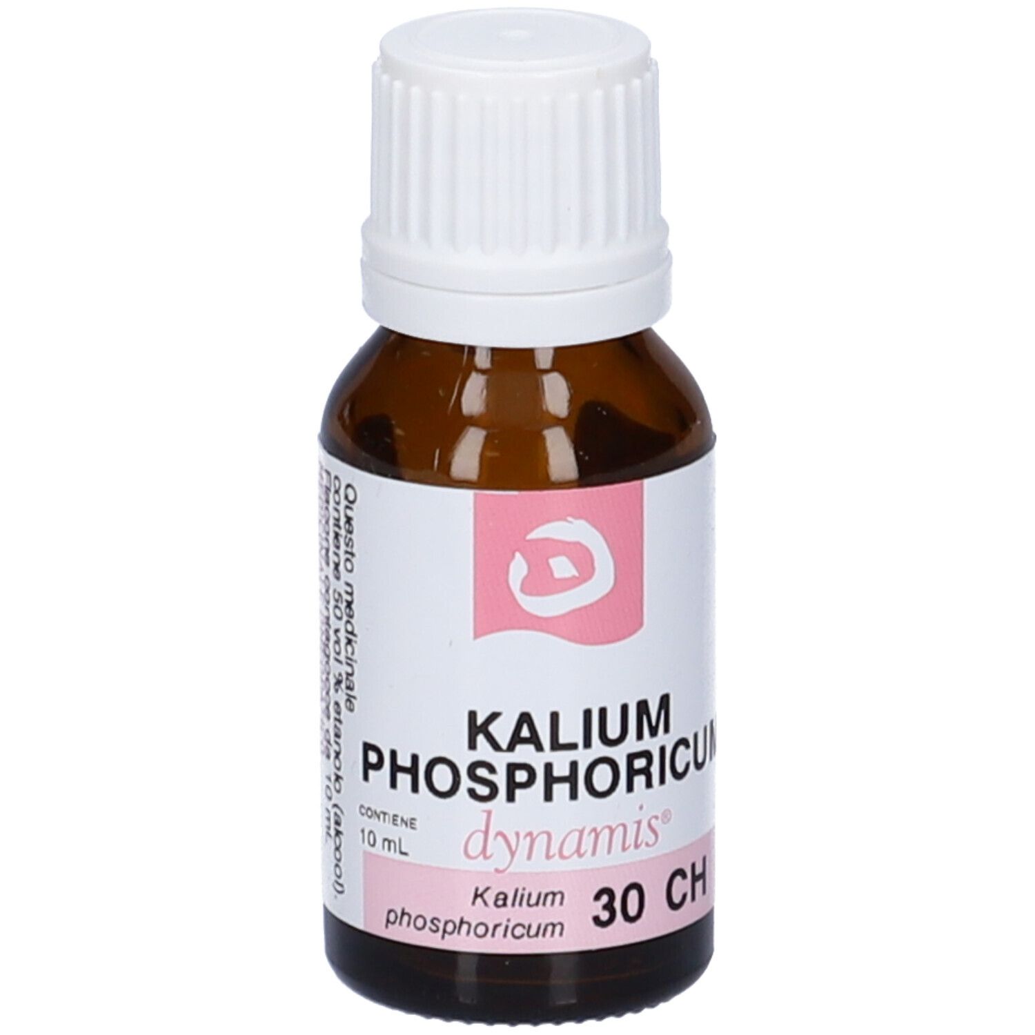 Flacone di vetro marrone con tappo bianco. Etichetta con informazioni sul prodotto e accenti rosa. Scritto: Kalium Phosphoricum 30 CH.