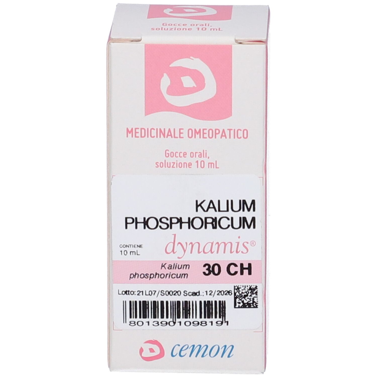 Confezione bianca del prodotto con accenti rosa. Scritto: Kalium Phosphoricum 30 CH. Contiene un flacone di gocce.