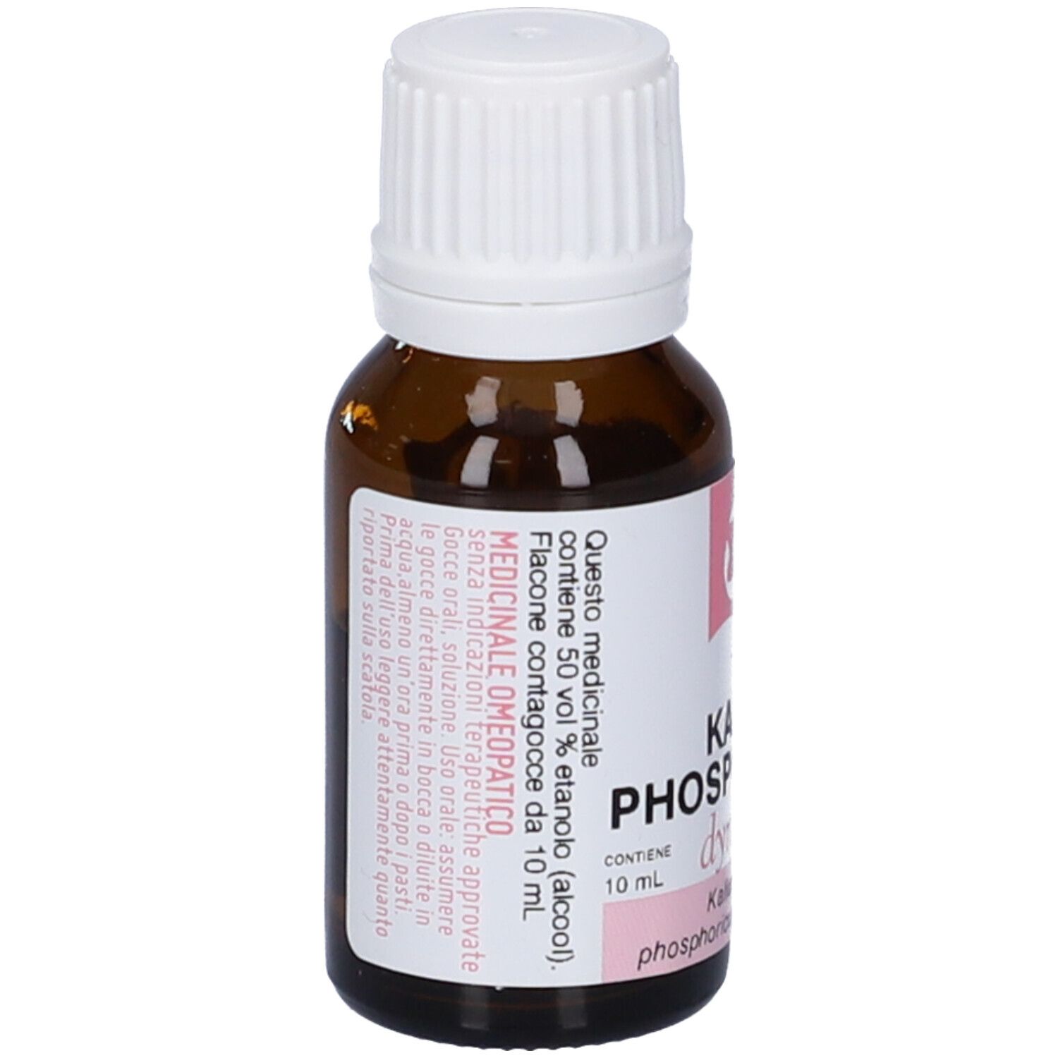 Flacone di vetro marrone con tappo bianco. Etichetta con informazioni e testo. Contenuto: 10 ml.