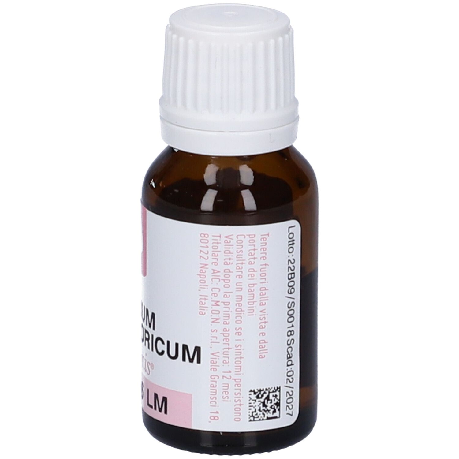 Flacone di vetro marrone con tappo bianco. Etichetta con informazioni e testo. Numero di lotto e scadenza.