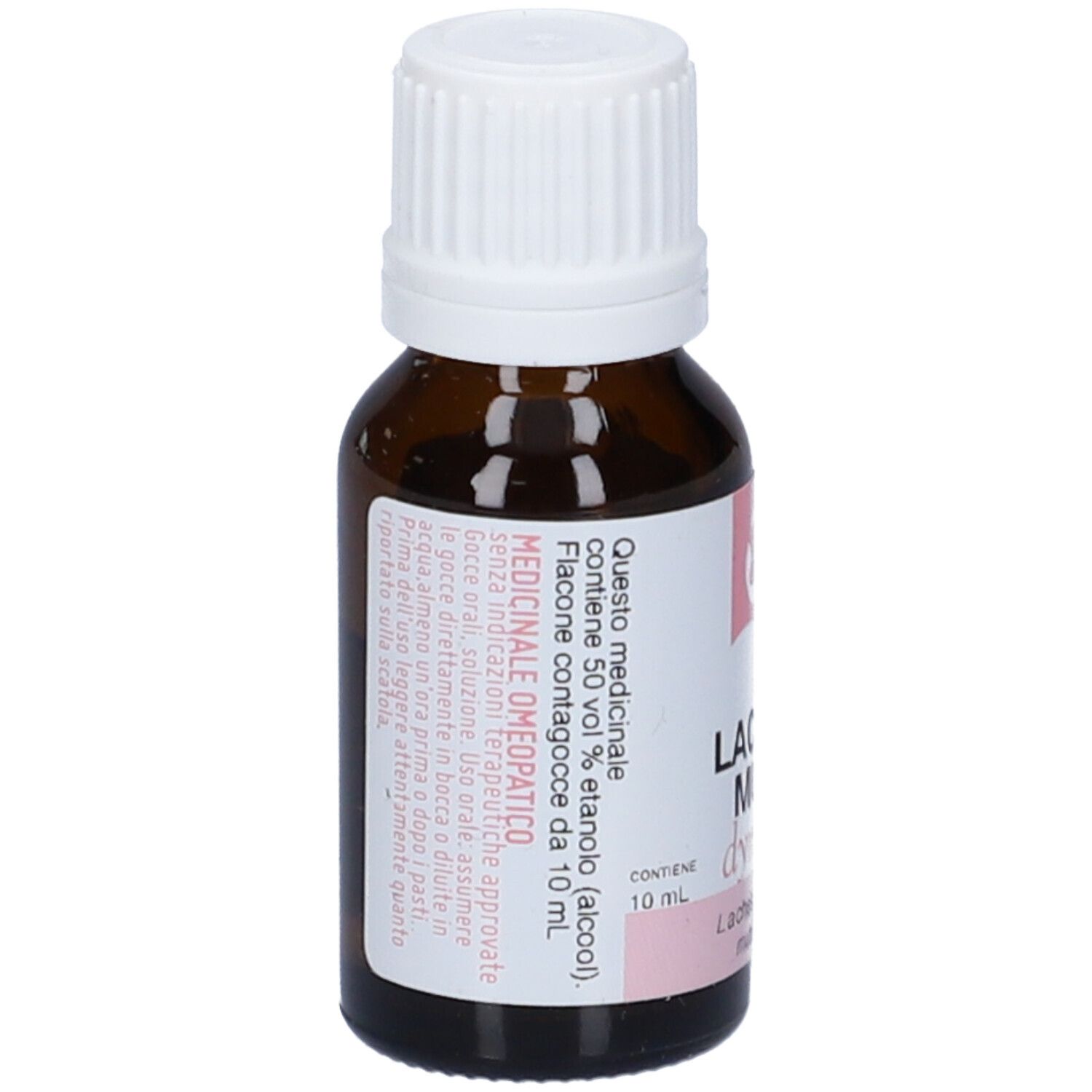 Flacone di vetro marrone con tappo bianco. Etichetta con testo e accenti rosa. Contiene 10 ml.