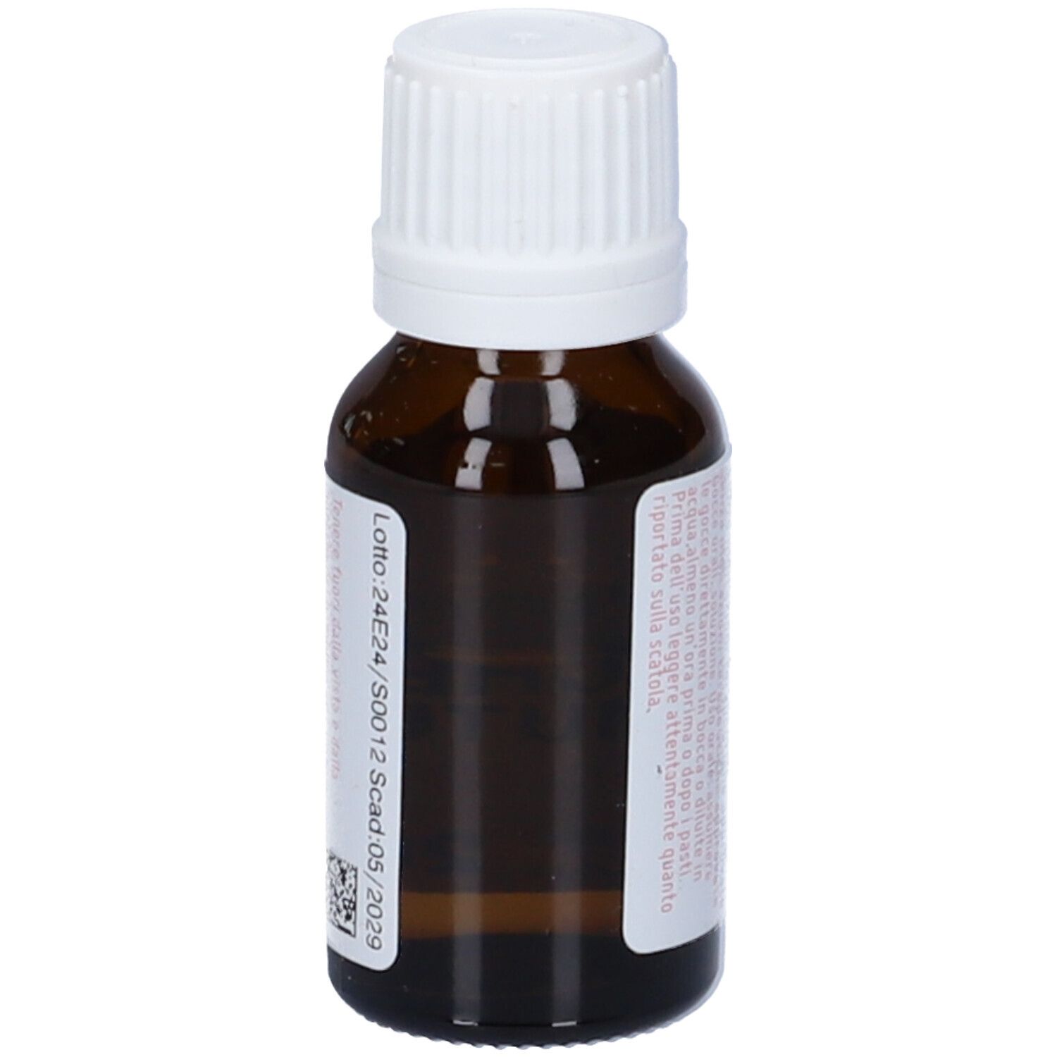 Flacone di vetro marrone con tappo bianco. Etichetta con testo e accenti rosa. Numero di lotto e scadenza.