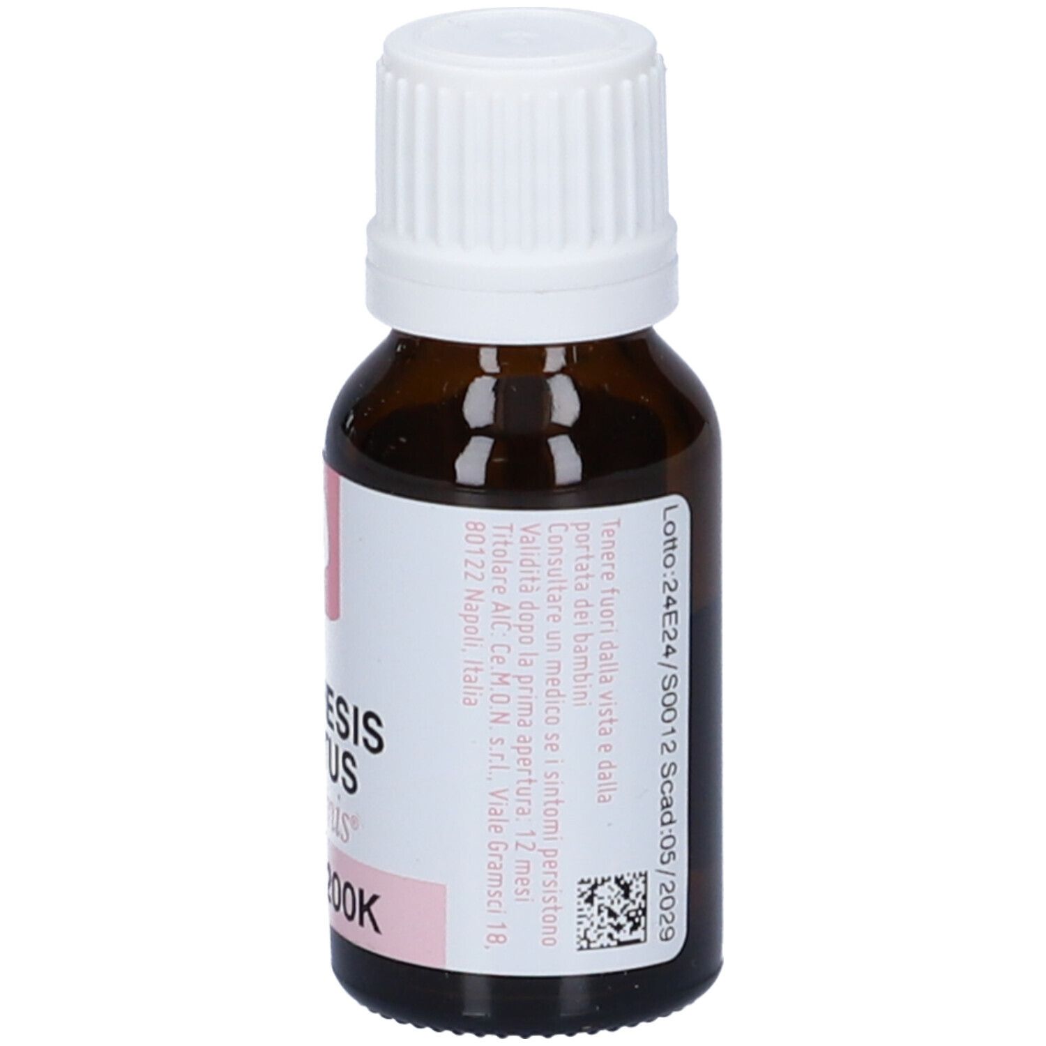 Flacone di vetro marrone con tappo bianco. Etichetta con testo e accenti rosa. Informazioni del produttore.