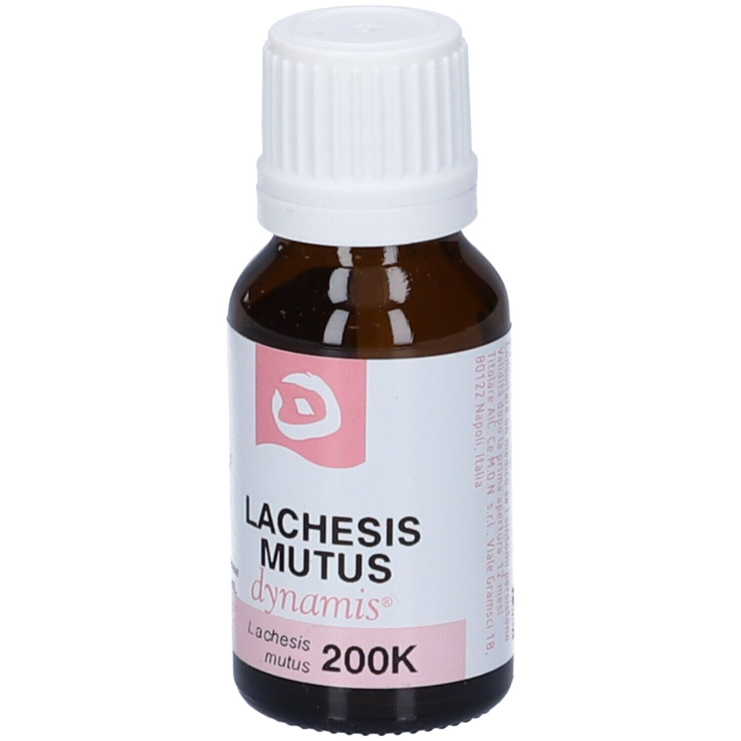 Flacone di vetro marrone con tappo bianco. Etichetta rosa con testo: Lachesis Mutus 200K.