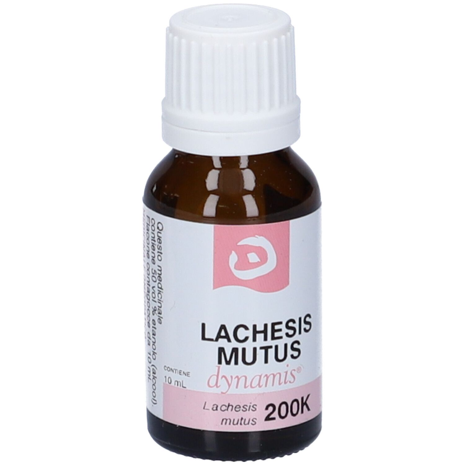 Flacone di vetro marrone con tappo bianco. Etichetta rosa con testo: Lachesis Mutus 200K.