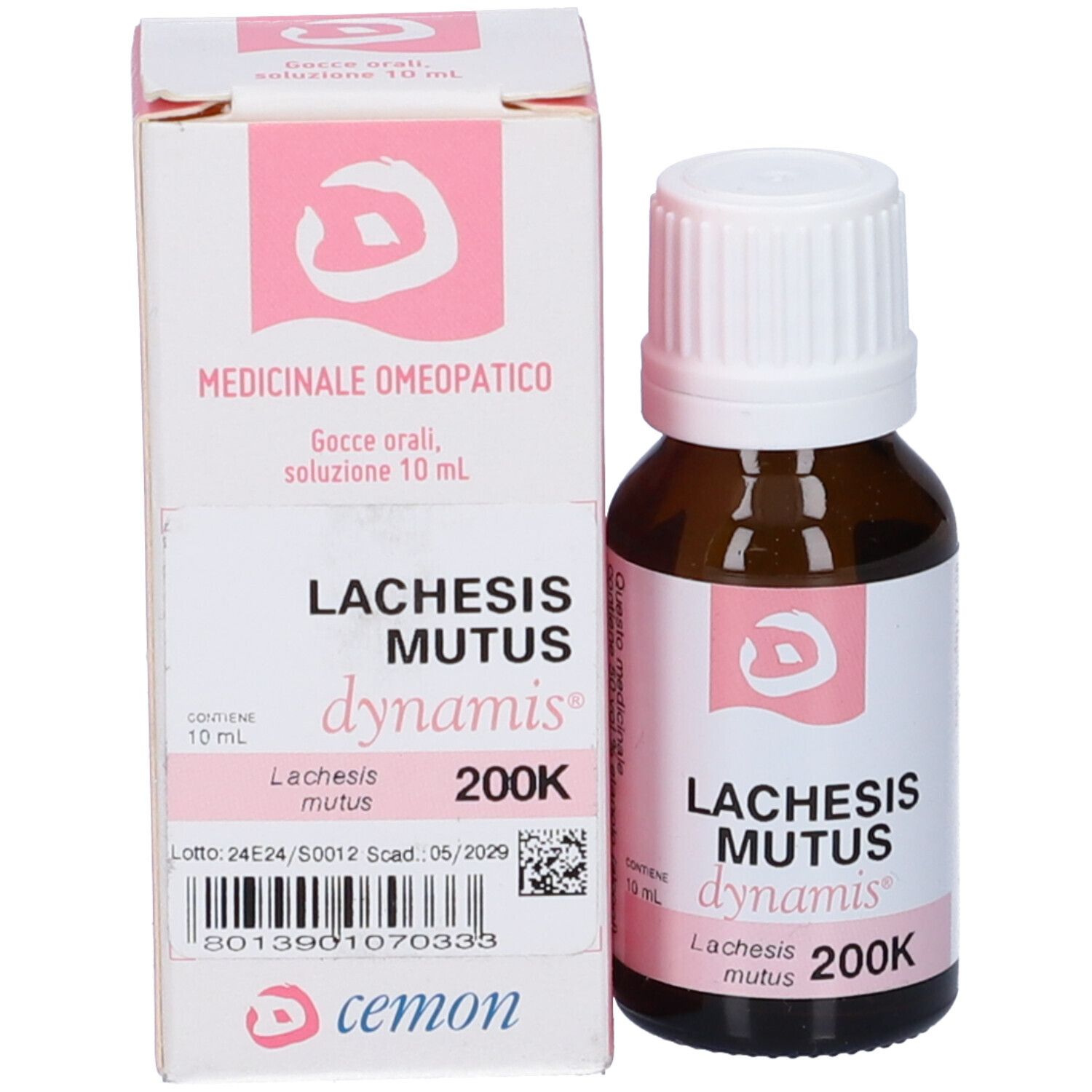 Flacone e confezione del prodotto. Flacone: vetro marrone, tappo bianco. Confezione: bianca, accenti rosa, testo.