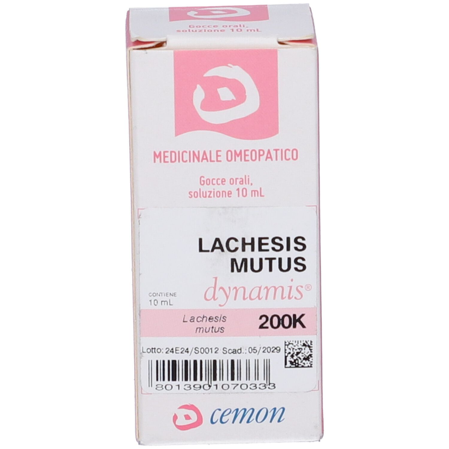 Confezione del prodotto. Bianca con accenti rosa. Testo: Lachesis Mutus 200K, Medicinale.