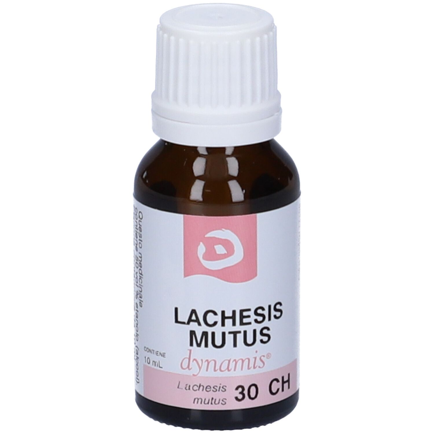 Flacone in vetro marrone con tappo bianco. Etichetta: Lachesis Mutus 30 CH, dynamis.