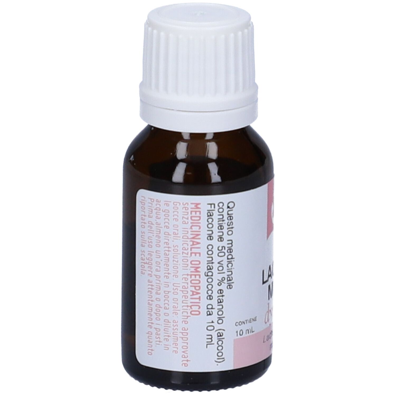 Flacone in vetro marrone con tappo bianco. Etichetta con testo. Scritta: Lachesis Mutus 30 CH.