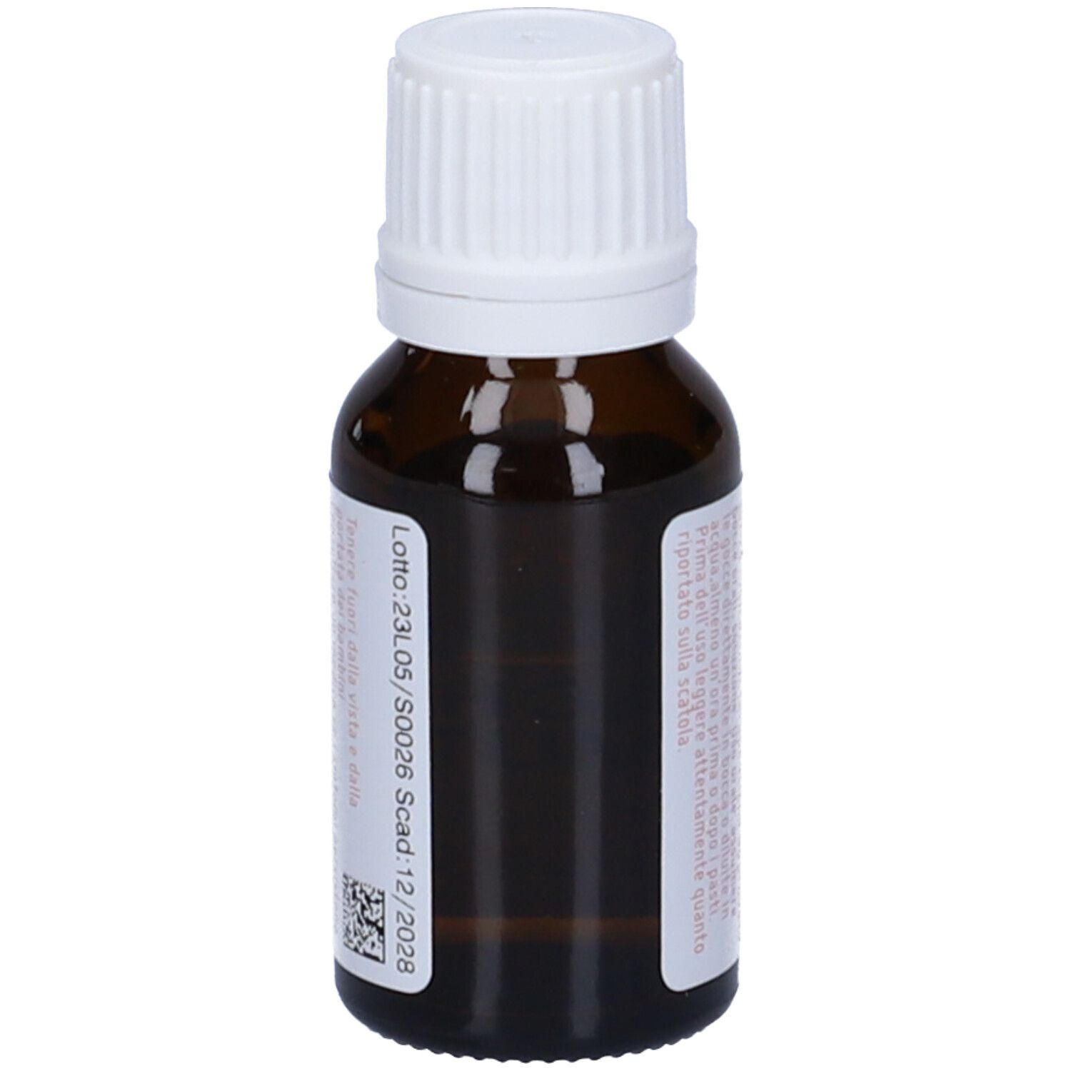 Flacone in vetro marrone con tappo bianco. Etichetta con testo. Scritta: Lachesis Mutus 30 CH.
