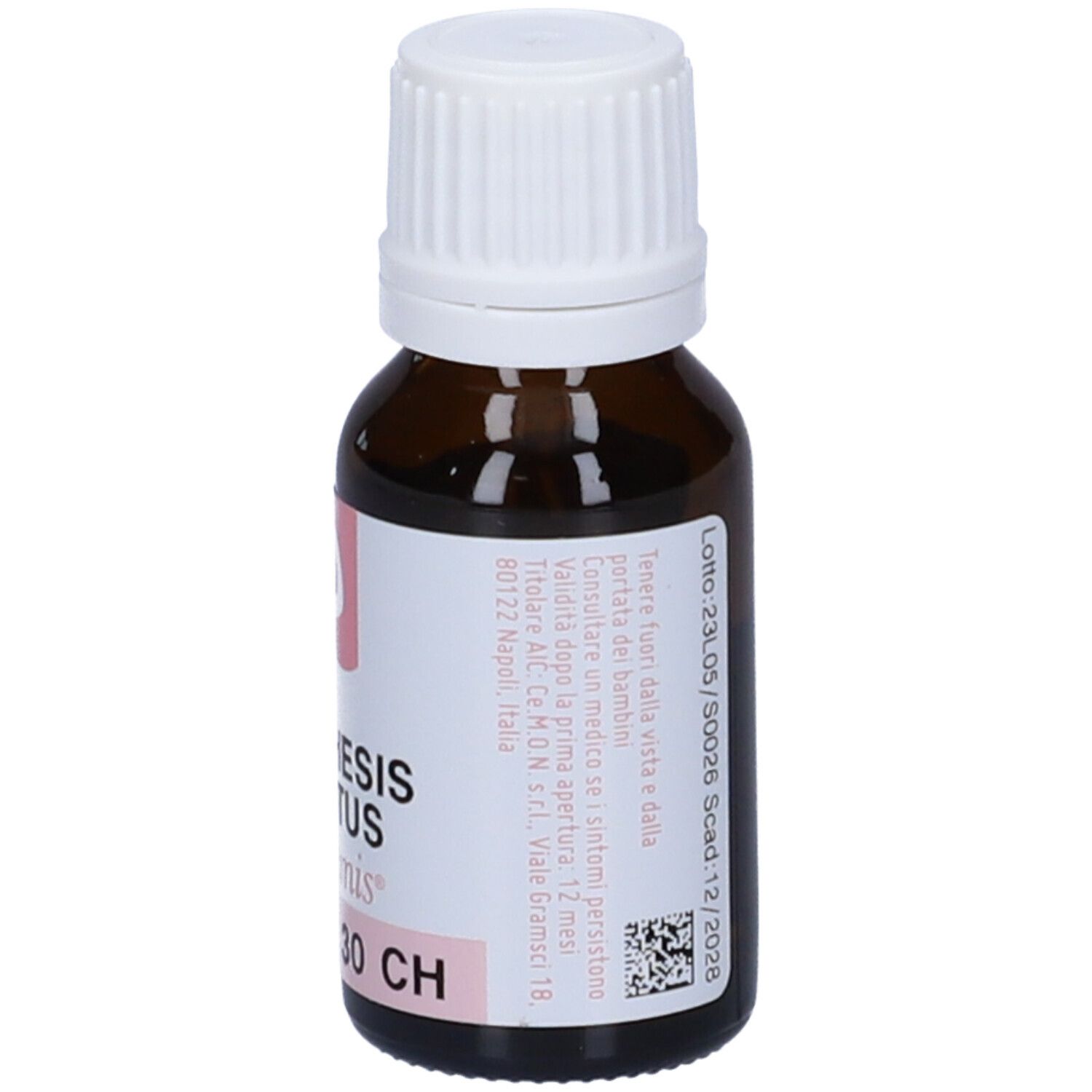 Flacone in vetro marrone con tappo bianco. Etichetta con testo. Scritta: Lachesis Mutus 30 CH.