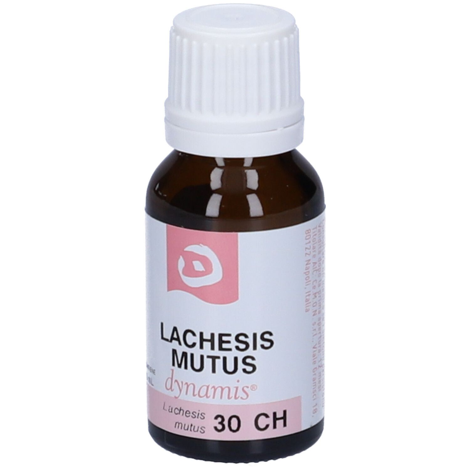 Flacone in vetro marrone con tappo bianco. Etichetta: Lachesis Mutus 30 CH, dynamis.