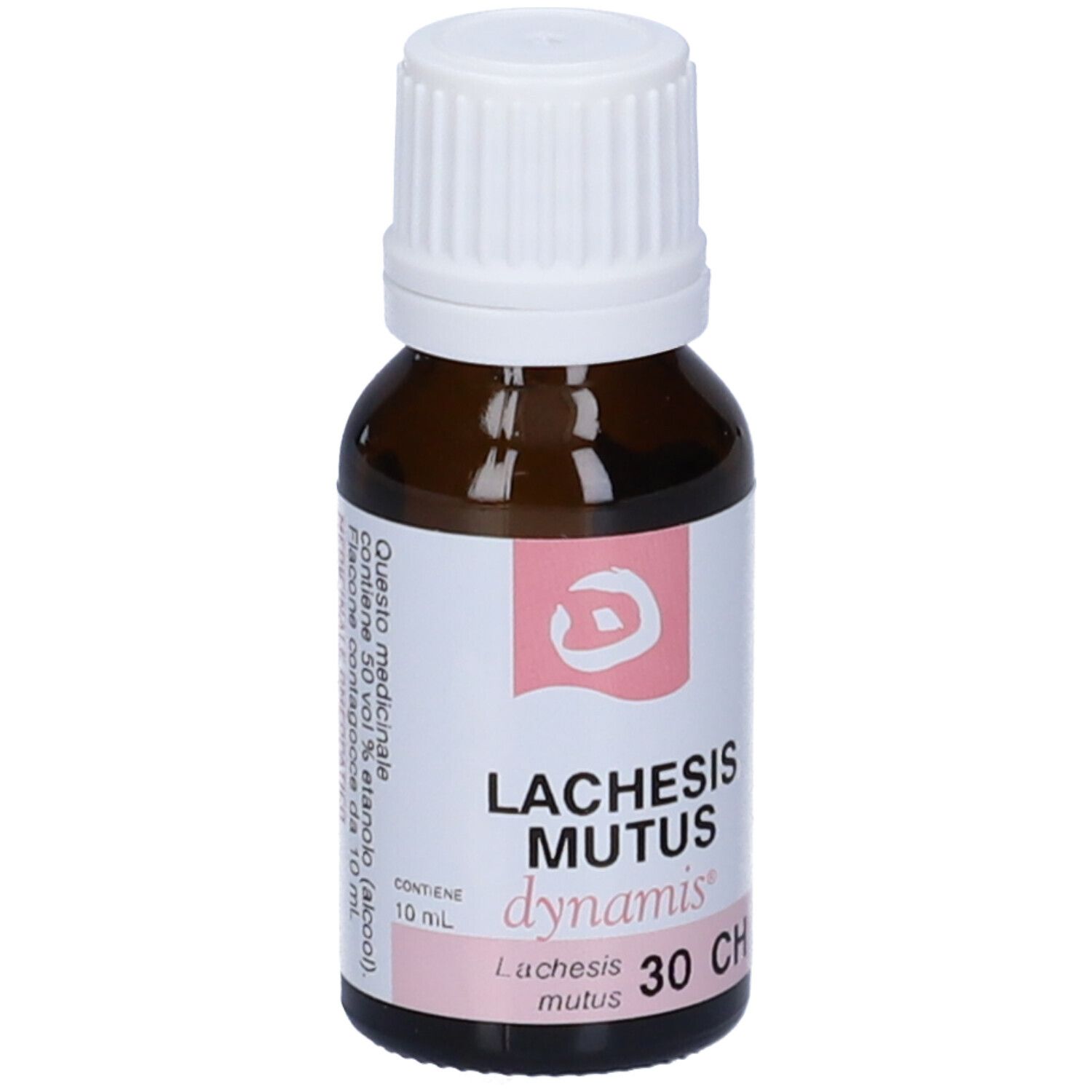 Flacone in vetro marrone con tappo bianco. Etichetta: Lachesis Mutus 30 CH, dynamis.