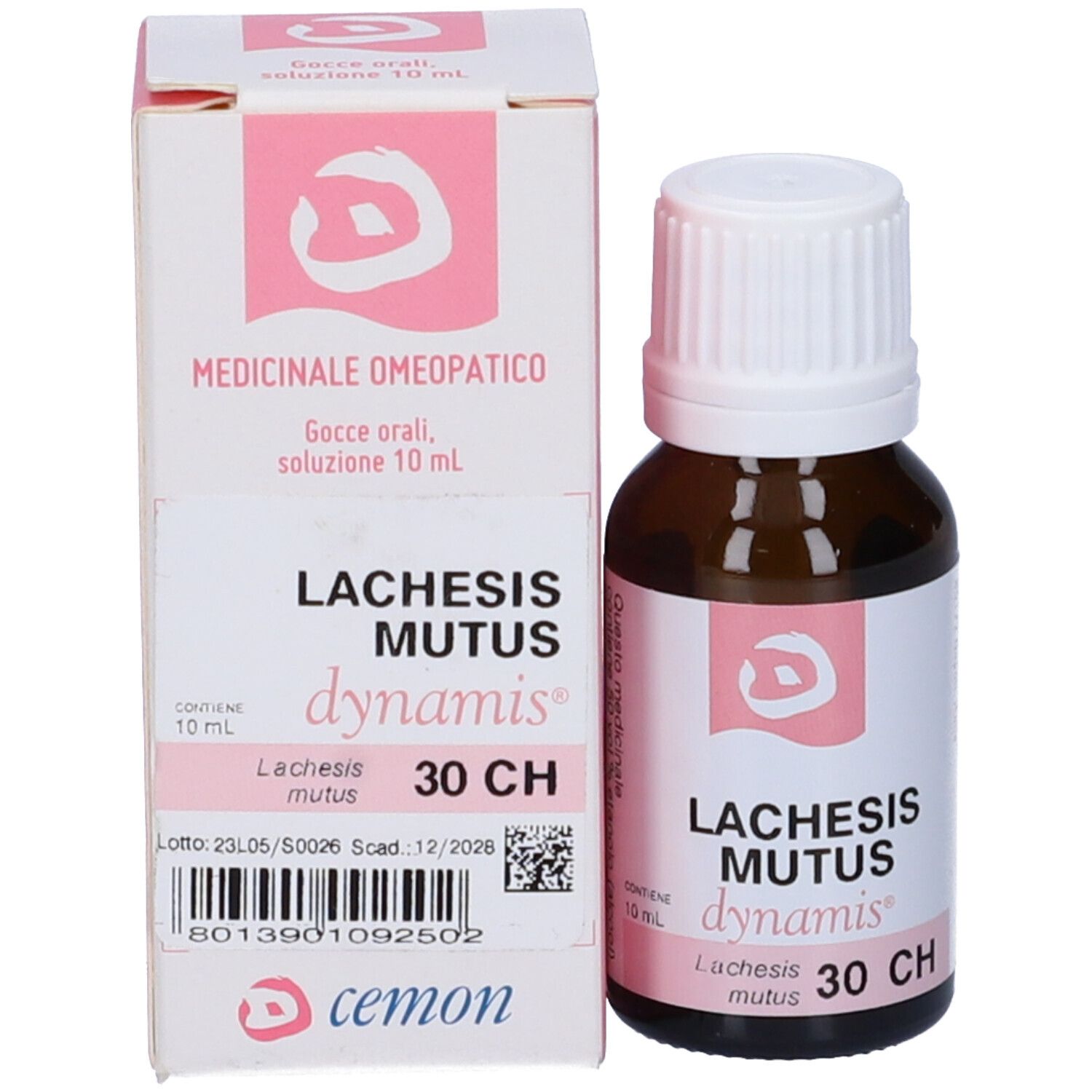 Flacone in vetro marrone e scatola. Scritte: Lachesis Mutus 30 CH, dynamis, cemon.