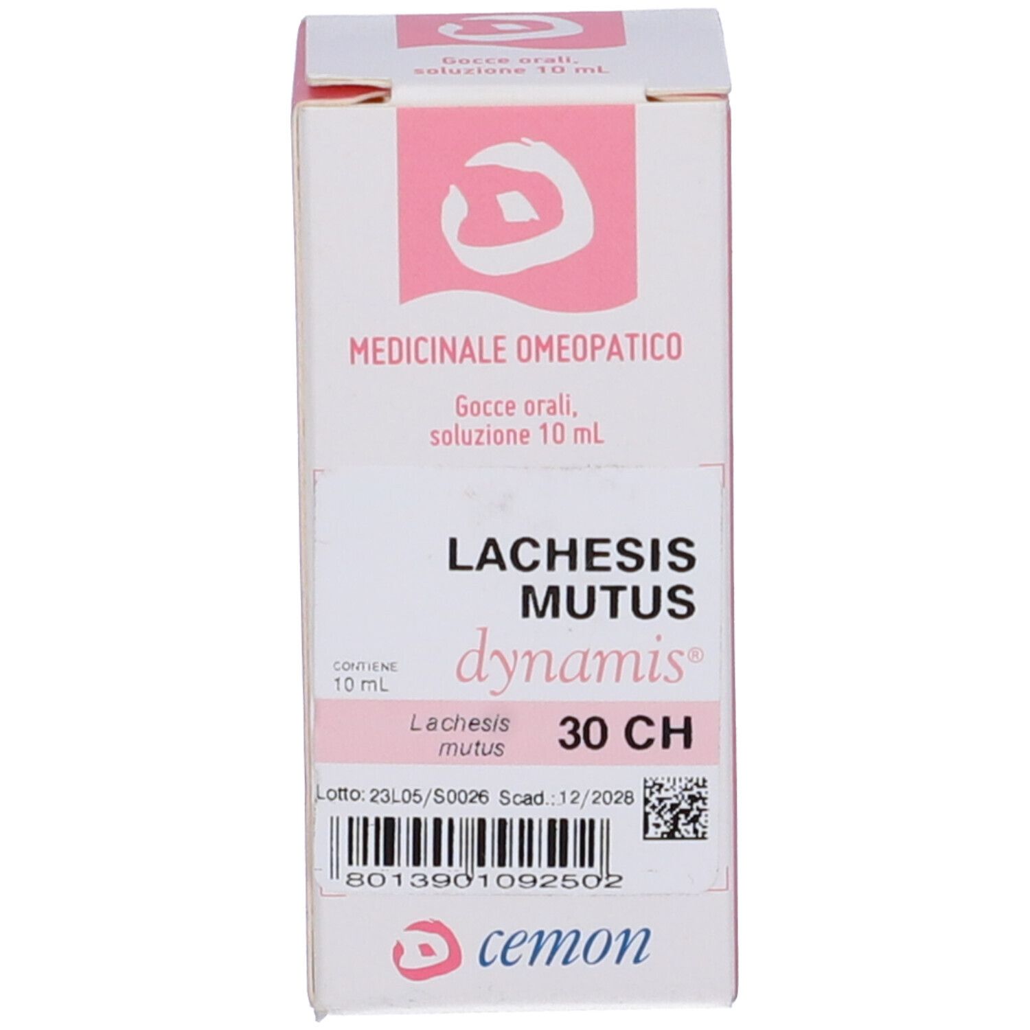 Scatola con flacone. Scritte: Lachesis Mutus 30 CH, dynamis, cemon.