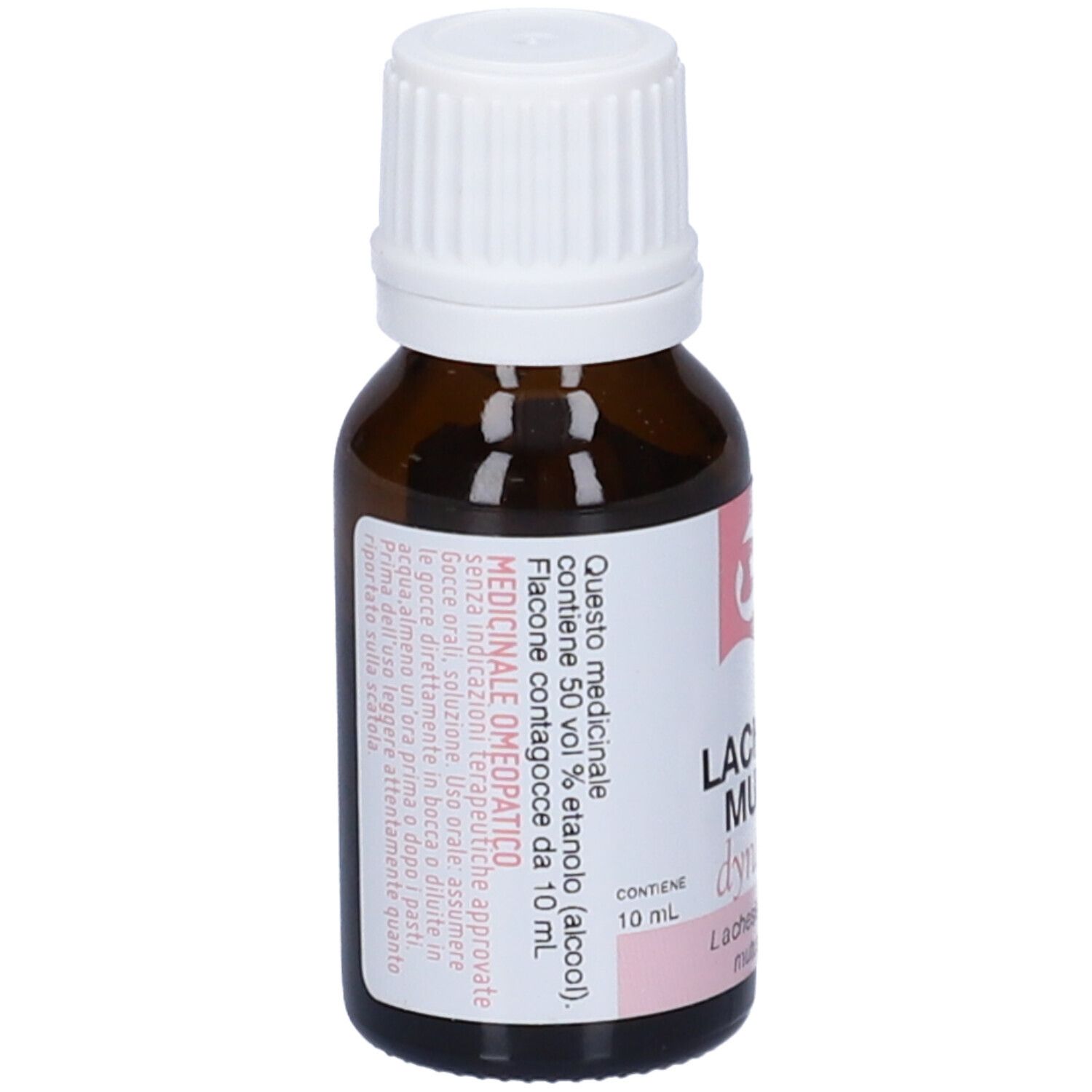 Flacone di vetro marrone con tappo bianco. Etichetta con testo in italiano. Contiene 50% di etanolo.