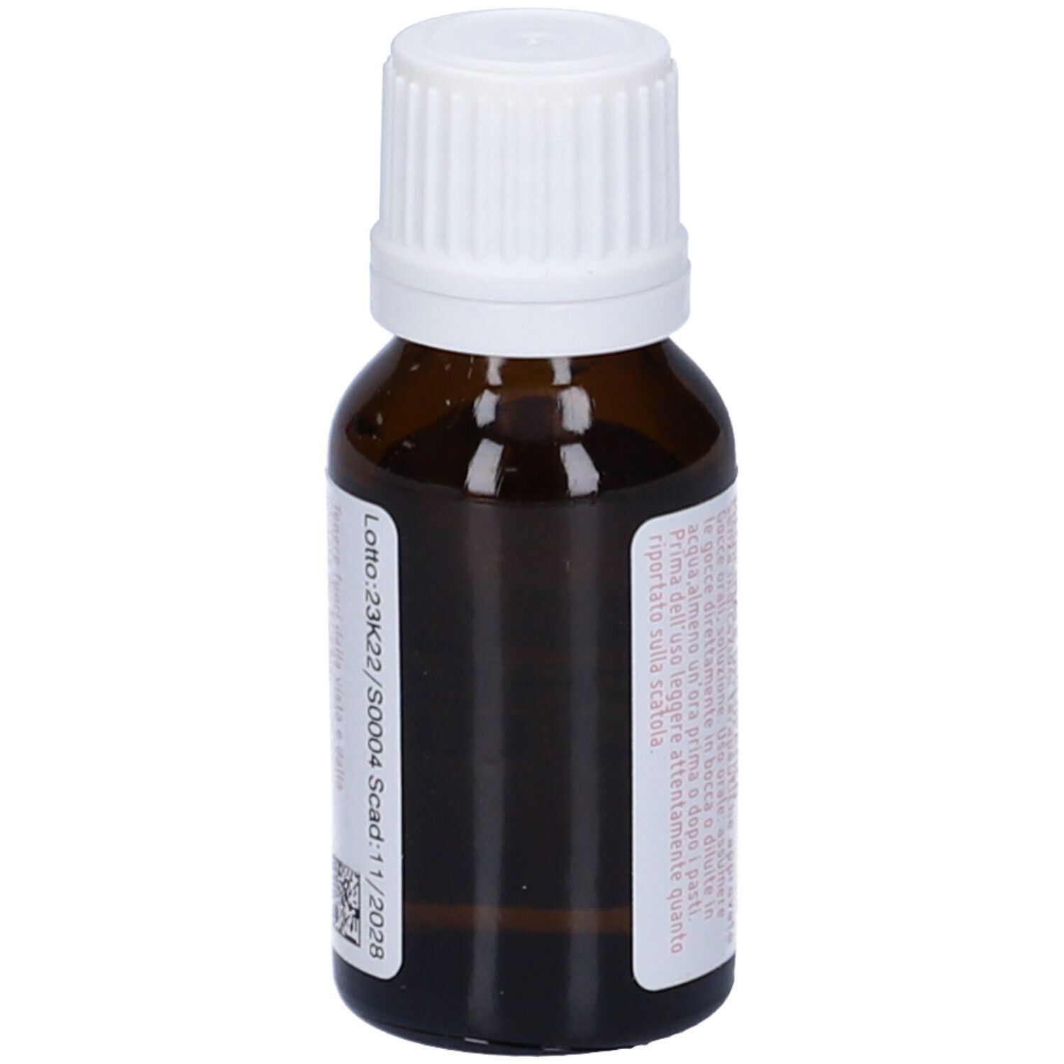 Flacone di vetro marrone con tappo bianco. Retro con etichetta e testo in italiano. Numero di lotto e scadenza.