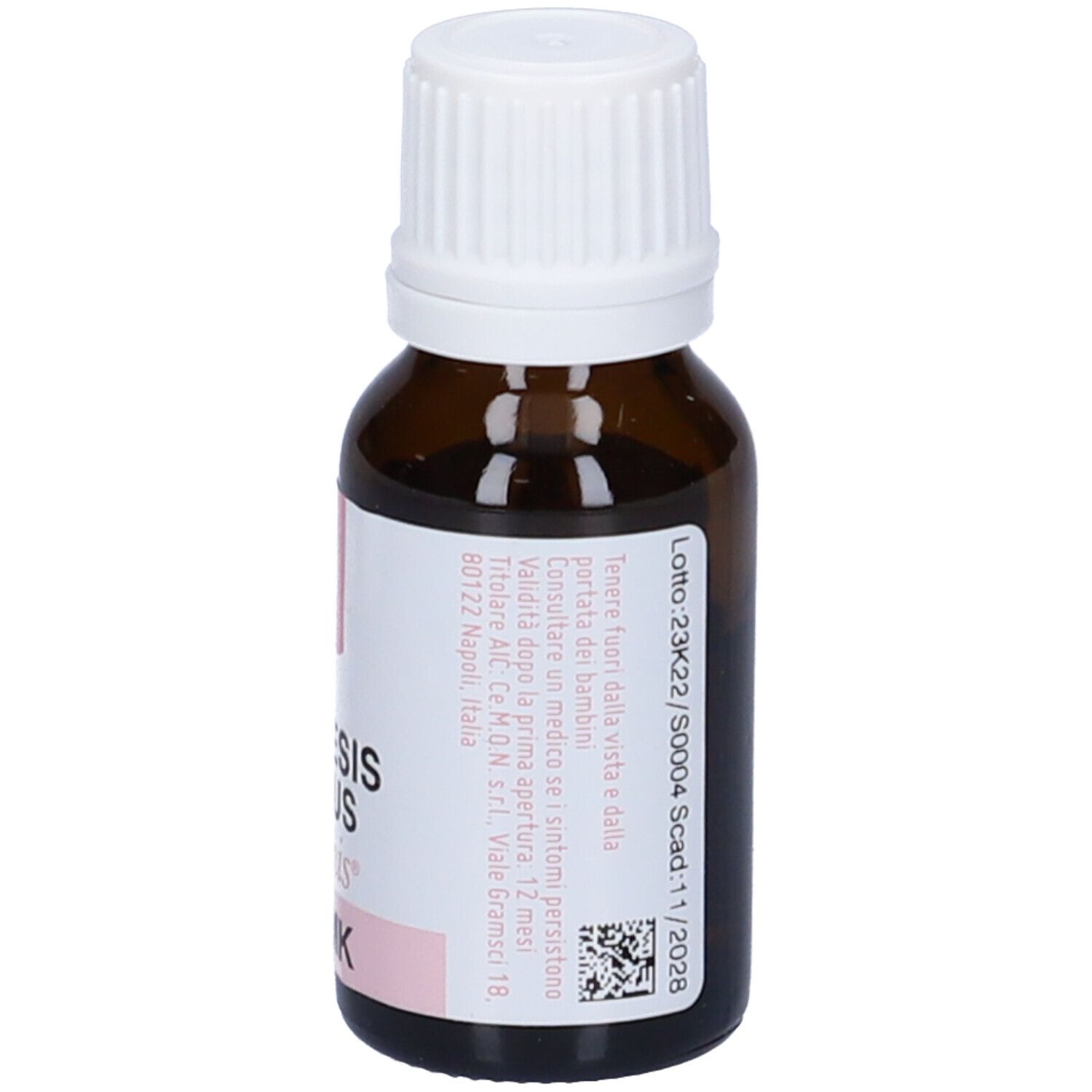 Flacone di vetro marrone con tappo bianco. Etichetta con testo in italiano. Numero di lotto e scadenza.