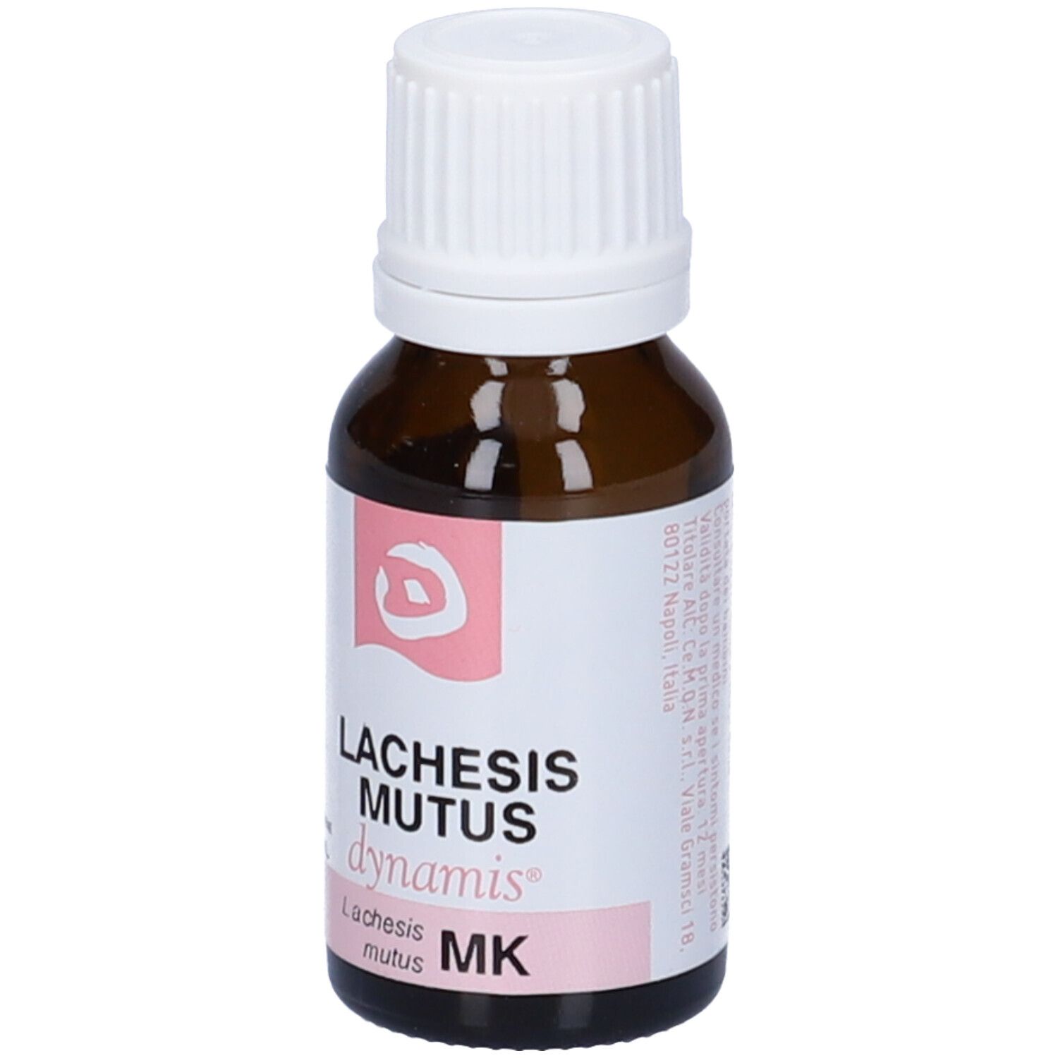 Flacone di vetro marrone con tappo bianco. Etichetta con nome del prodotto Lachesis Mutus MK e logo.