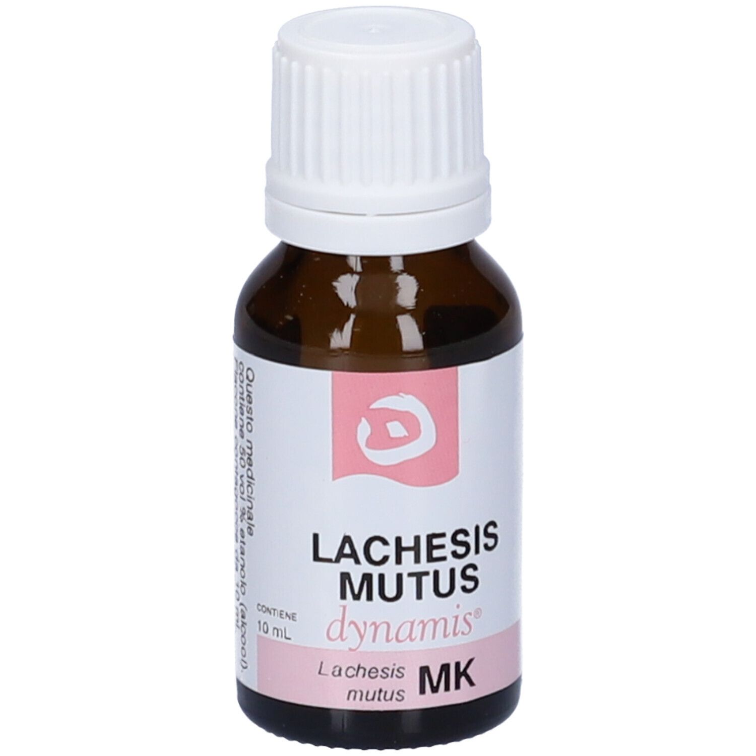 Flacone di vetro marrone con tappo bianco. Etichetta con nome del prodotto Lachesis Mutus MK e logo.