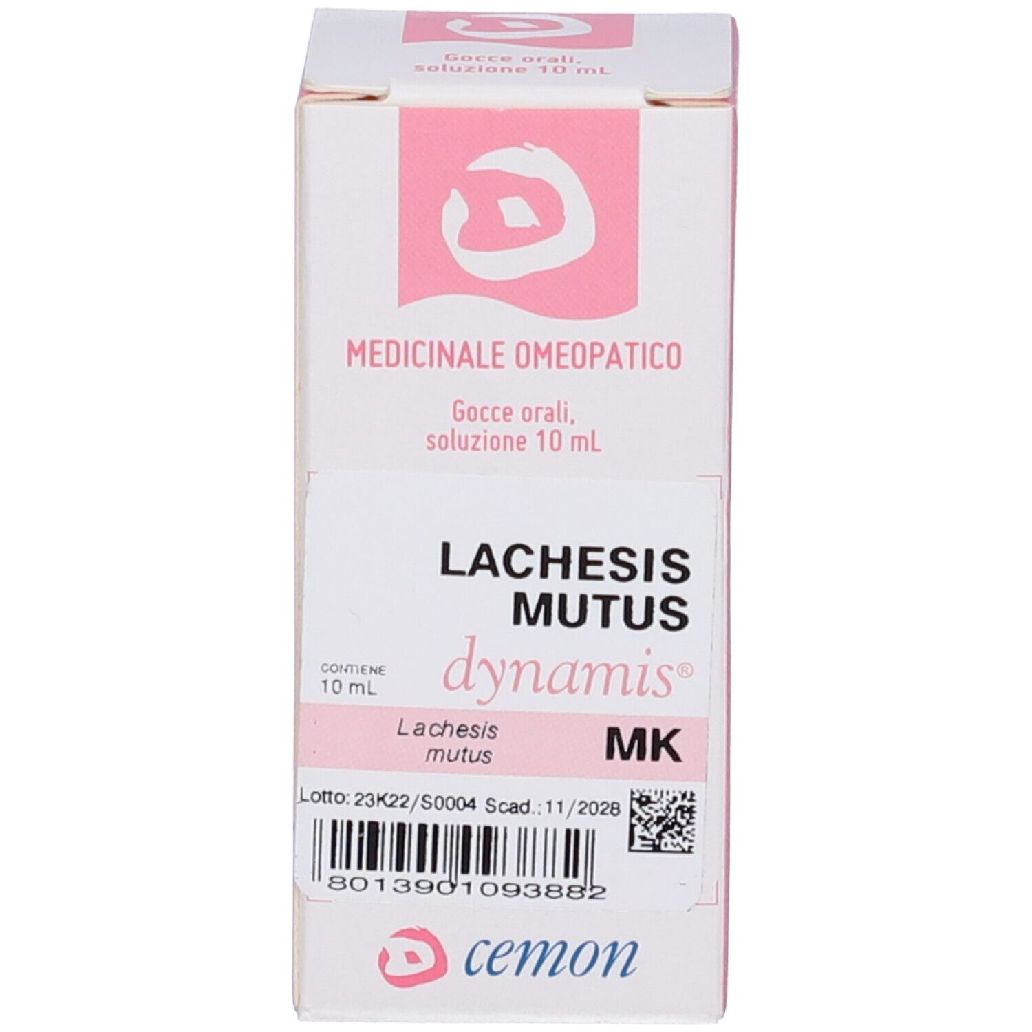 Confezione del prodotto. Scatola con nome del prodotto Lachesis Mutus MK e logo. Contiene un flacone.