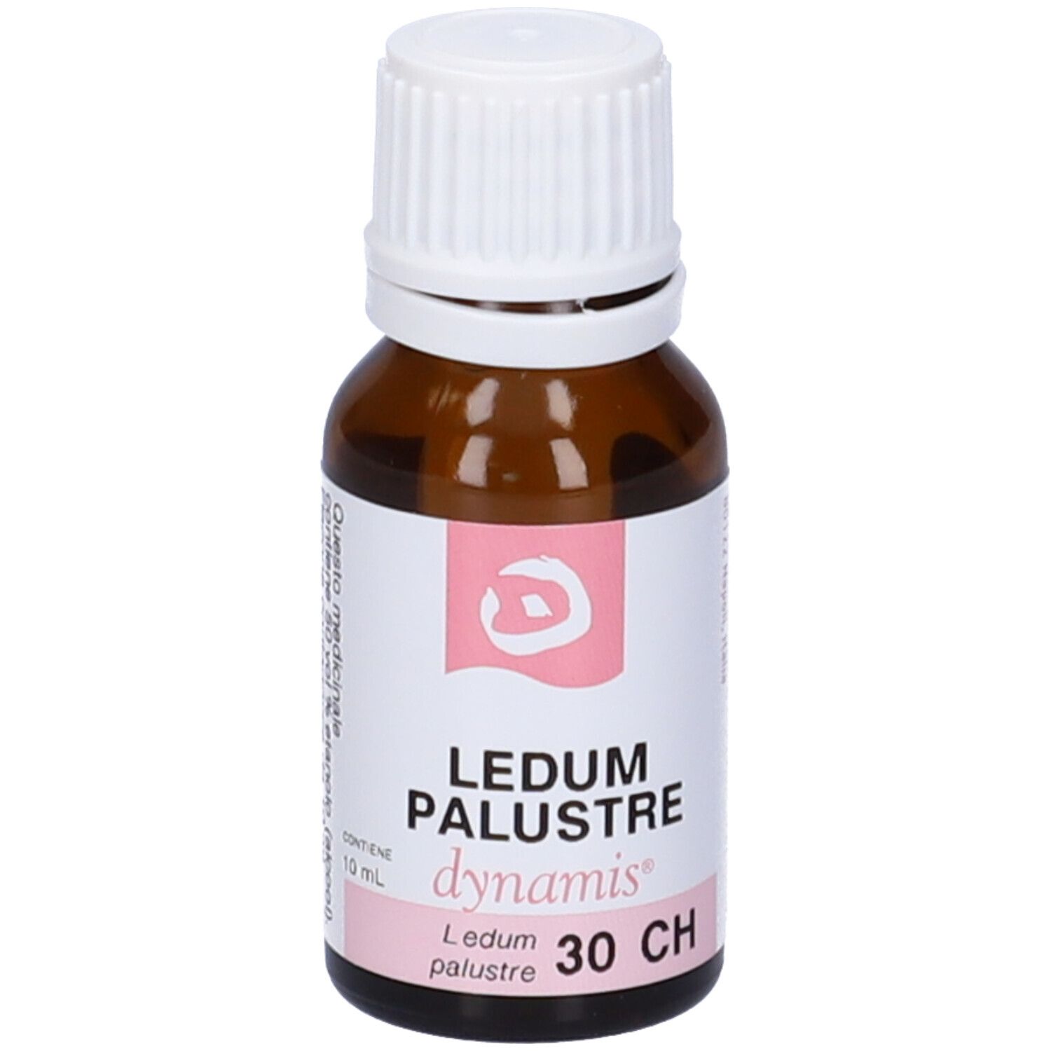 Flacone in vetro marrone con tappo bianco. Etichetta rosa con scritte: LEDUM PALUSTRE, dynamis, 30 CH.