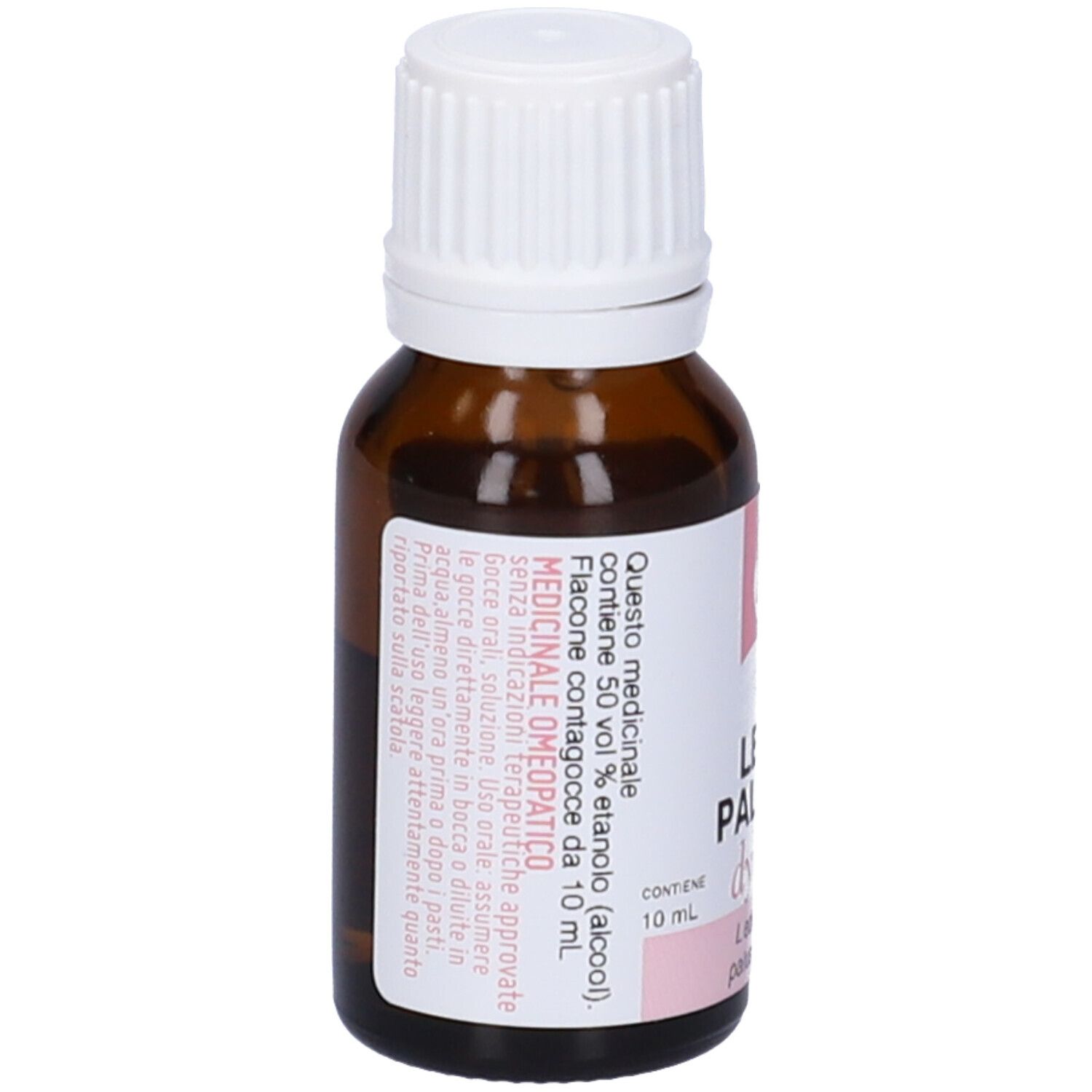 Flacone in vetro marrone con tappo bianco. Etichetta rosa con testo. Contiene 10 ml.