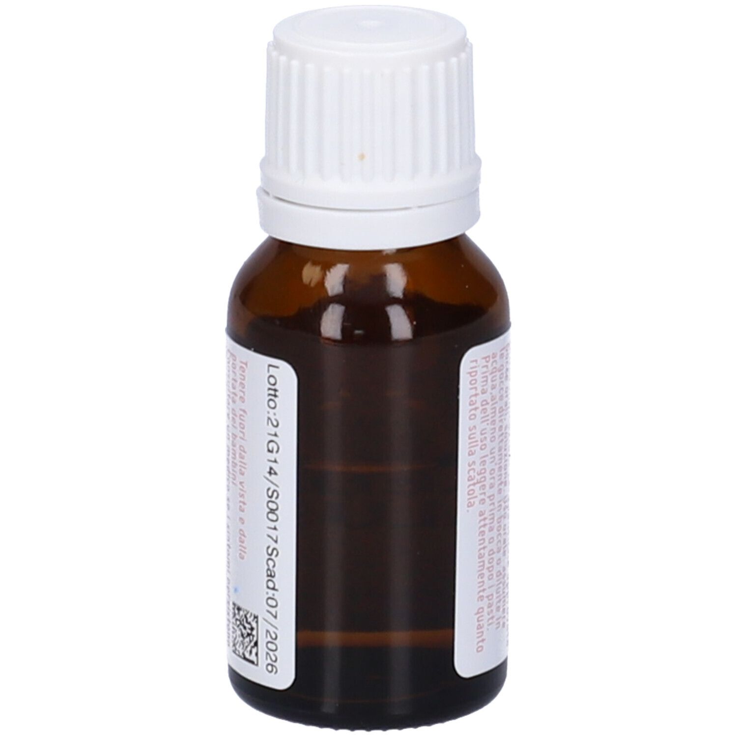 Flacone in vetro marrone con tappo bianco. Etichetta rosa con testo e numero di lotto.