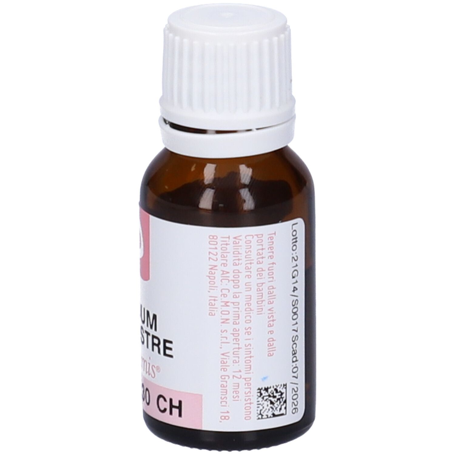 Flacone in vetro marrone con tappo bianco. Etichetta rosa con testo e numero di lotto.