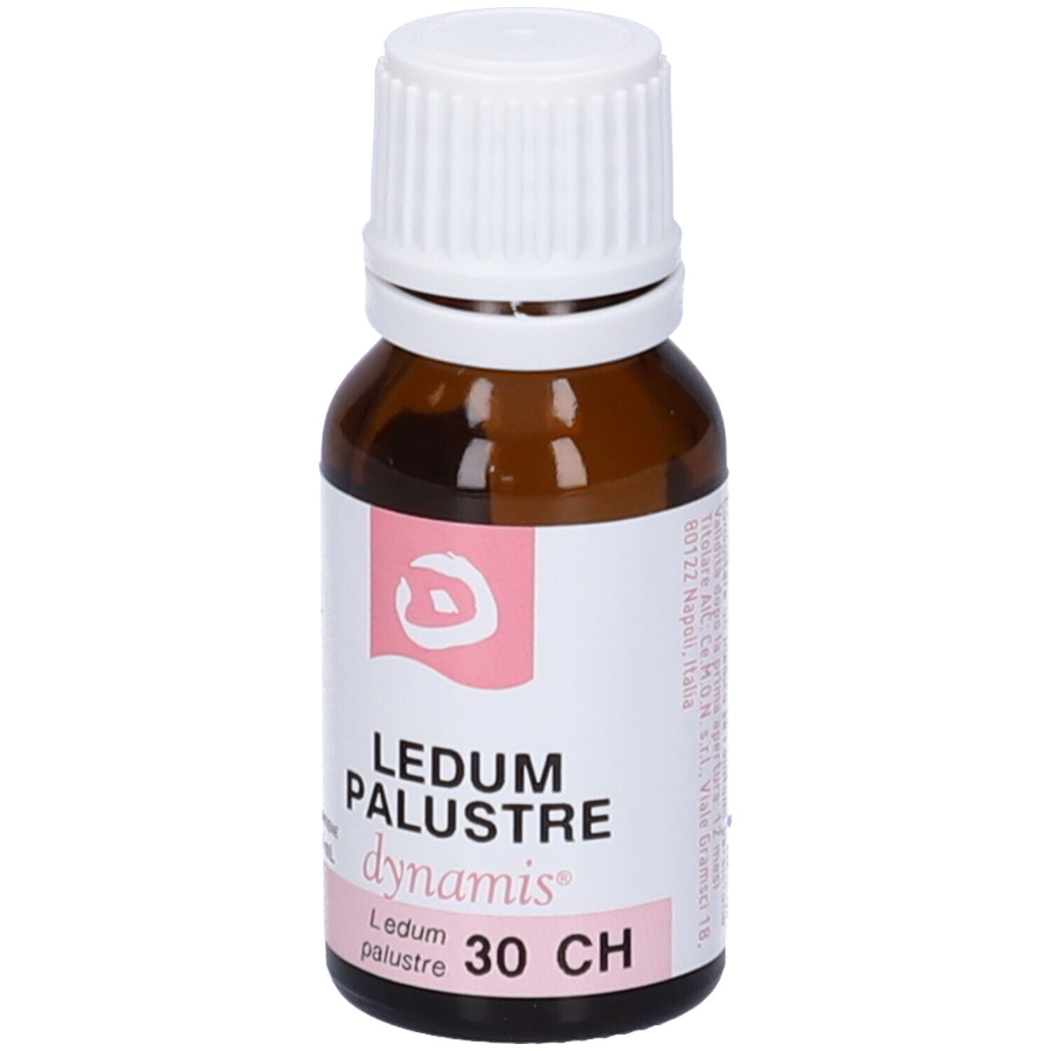 Flacone in vetro marrone con tappo bianco. Etichetta rosa con scritte: LEDUM PALUSTRE, dynamis, 30 CH.
