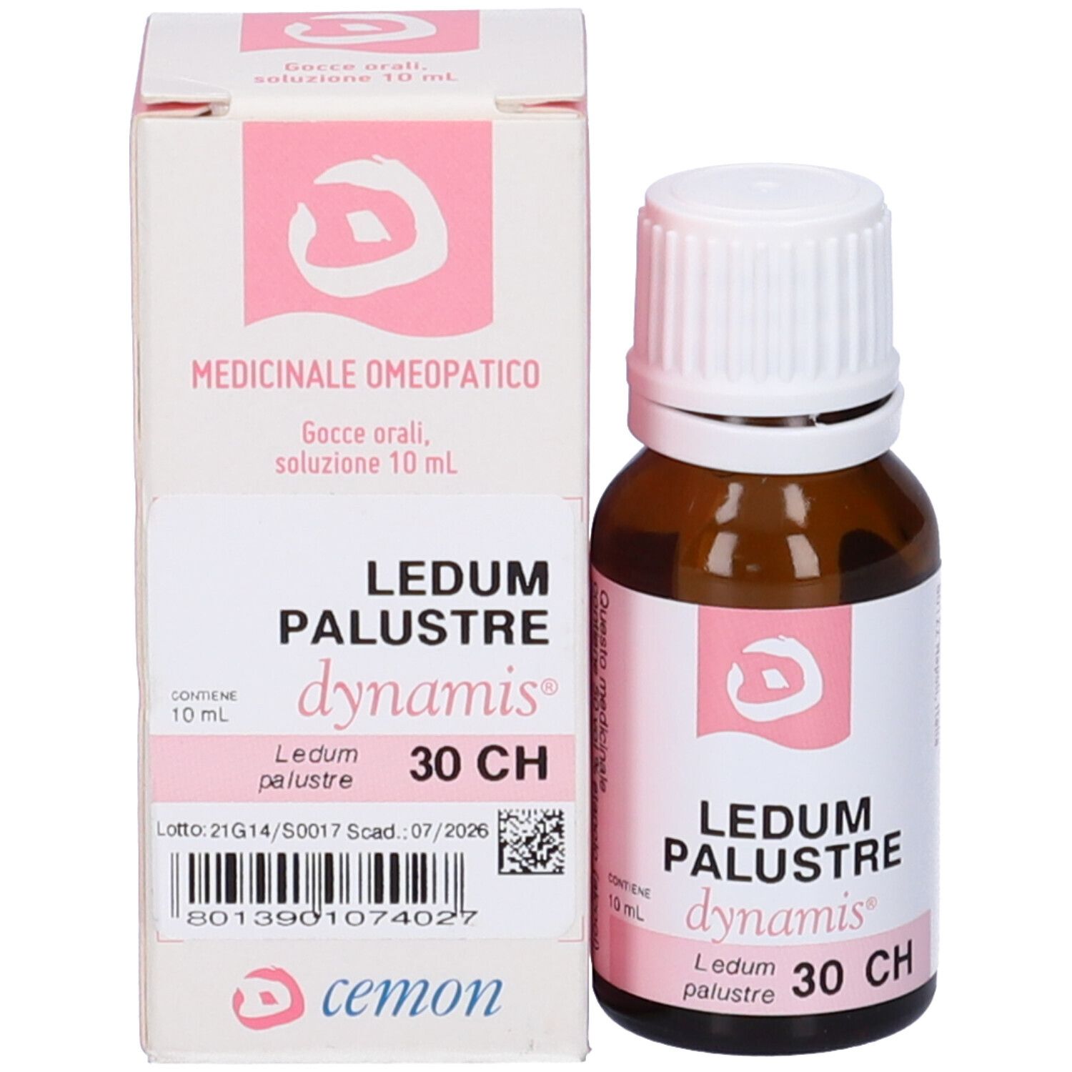 Flacone in vetro marrone e scatola. Scritte: LEDUM PALUSTRE, dynamis, 30 CH. Contiene 10 ml.