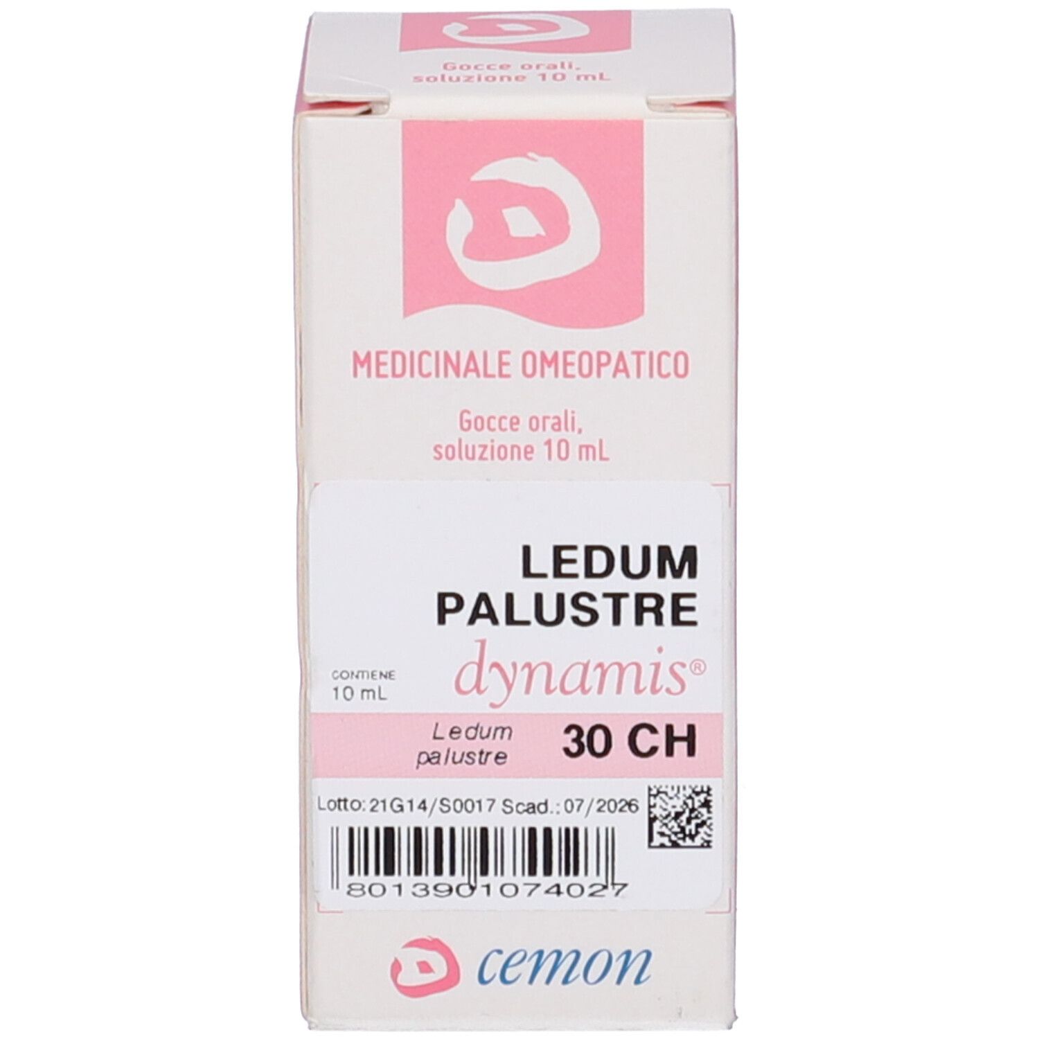 Scatola con flacone. Scritte: LEDUM PALUSTRE, dynamis, 30 CH. Contiene 10 ml.