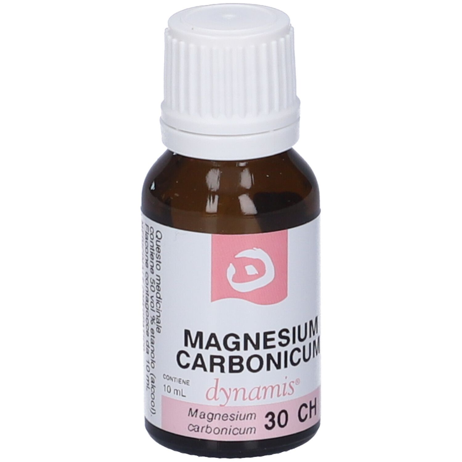 Flacone di vetro marrone con tappo bianco. Etichetta con nome del prodotto e marchio dynamis. 30 CH.