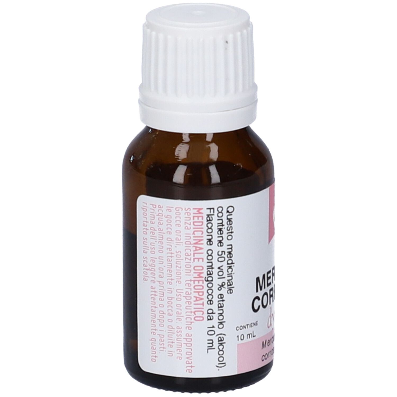 Flacone di vetro marrone con tappo bianco ed etichetta. L'etichetta riporta "Mercurius Corrosivus 30 CH".