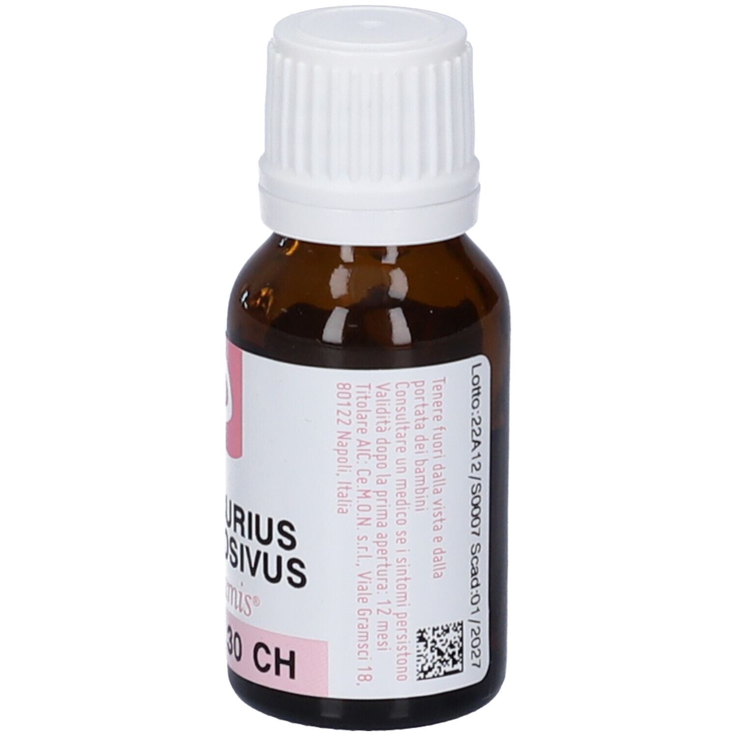 Flacone di vetro marrone con tappo bianco ed etichetta. L'etichetta riporta "Mercurius Corrosivus 30 CH".