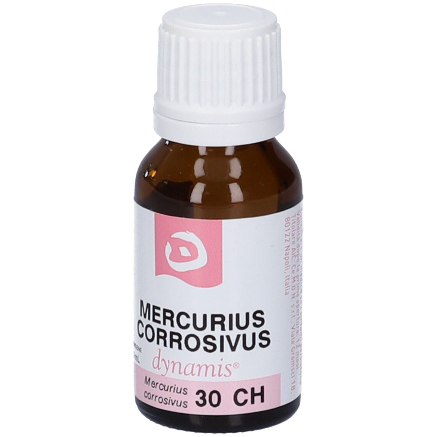 Flacone di vetro marrone con tappo bianco ed etichetta. L'etichetta riporta "Mercurius Corrosivus 30 CH".