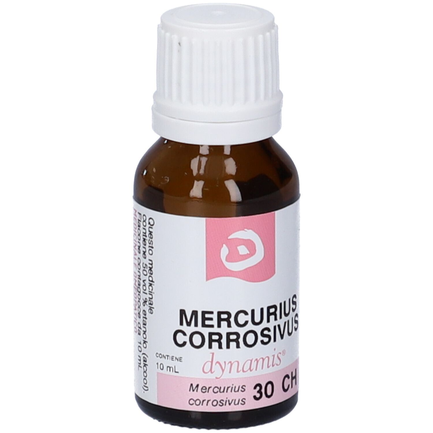 Flacone di vetro marrone con tappo bianco ed etichetta. L'etichetta riporta "Mercurius Corrosivus 30 CH".