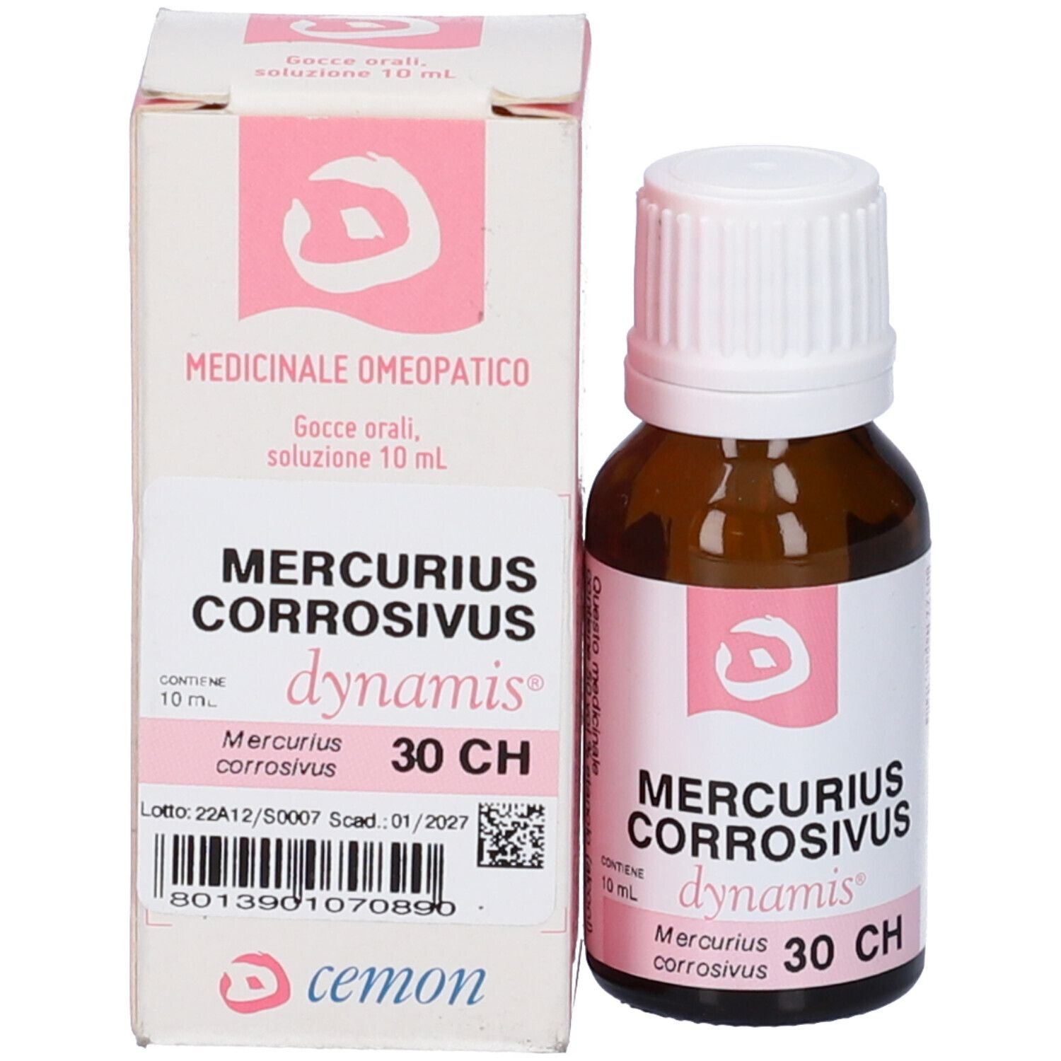 Flacone di vetro marrone e scatola. Sul flacone e sulla scatola c'è scritto "Mercurius Corrosivus 30 CH".