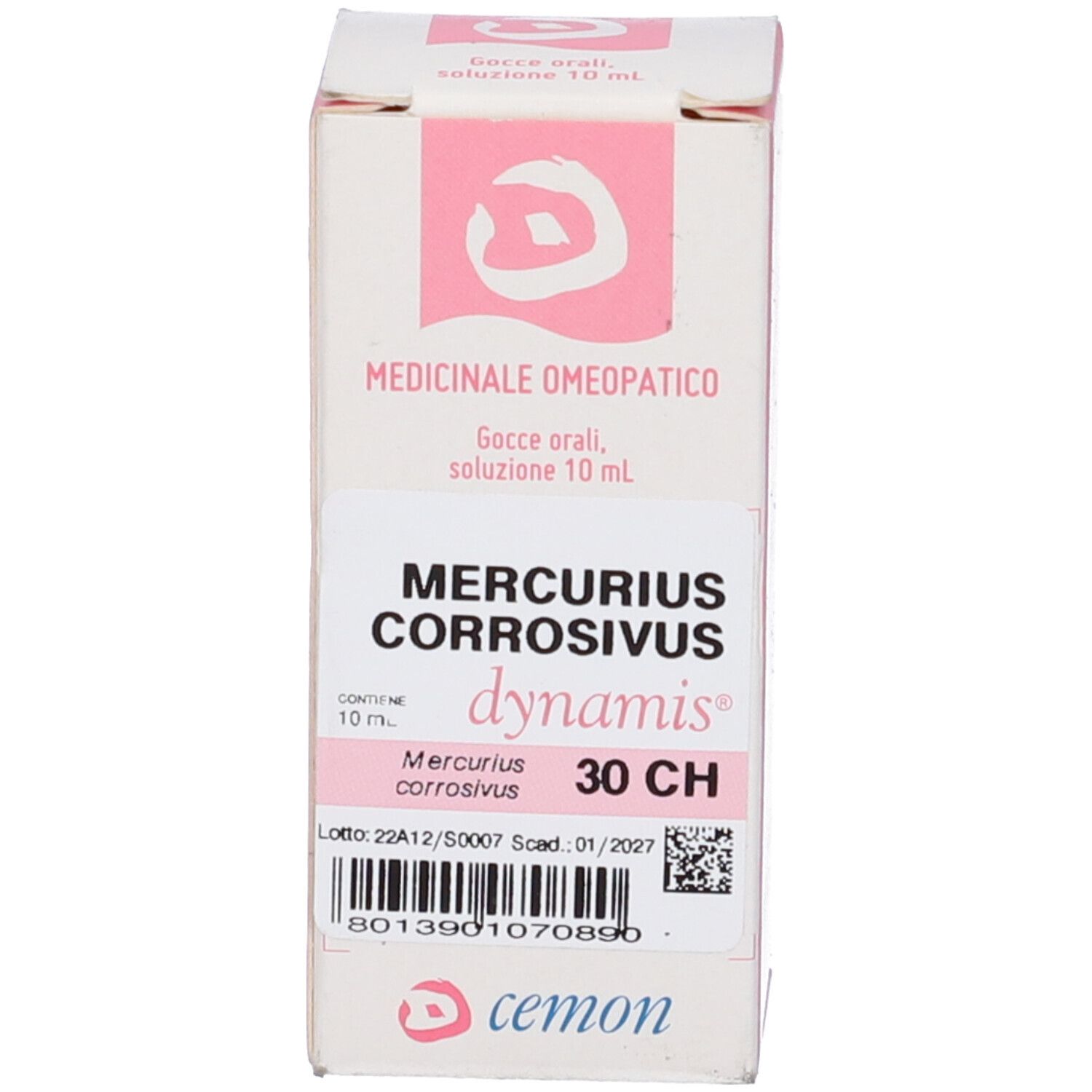 Confezione in cartone con informazioni sul prodotto. Sulla confezione c'è scritto "Mercurius Corrosivus 30 CH".