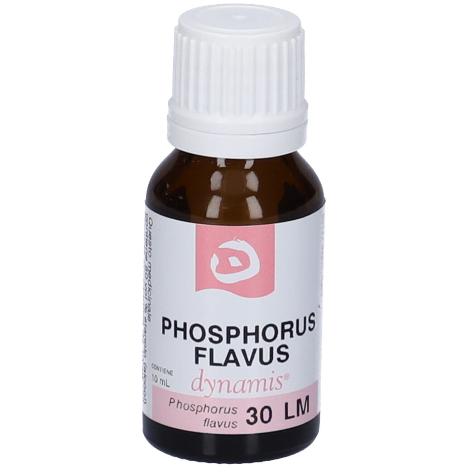 Flacone contagocce marrone con tappo bianco. Etichetta rosa con testo: Phosphorus Flavus 30 LM, dynamis.