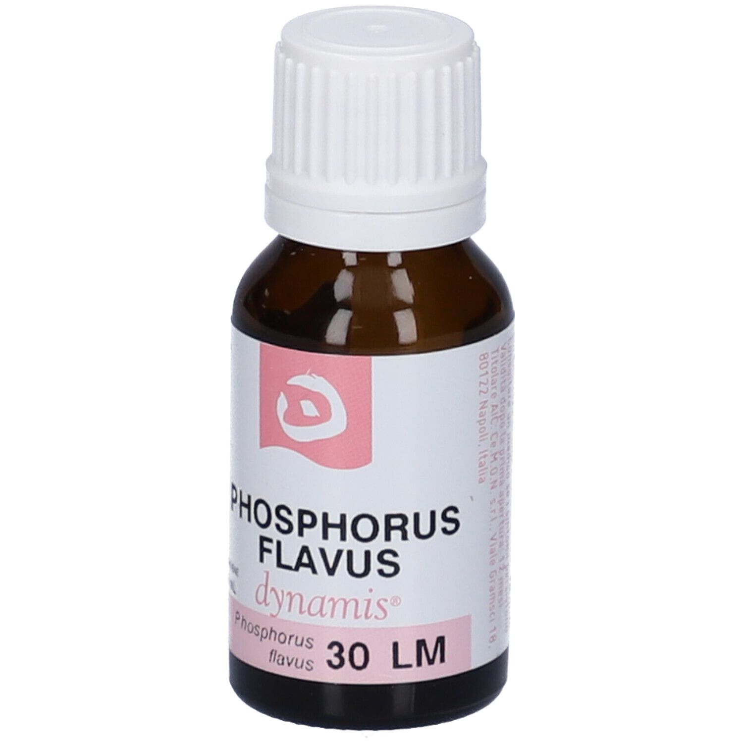 Flacone contagocce marrone con tappo bianco. Etichetta rosa con testo: Phosphorus Flavus 30 LM, dynamis.