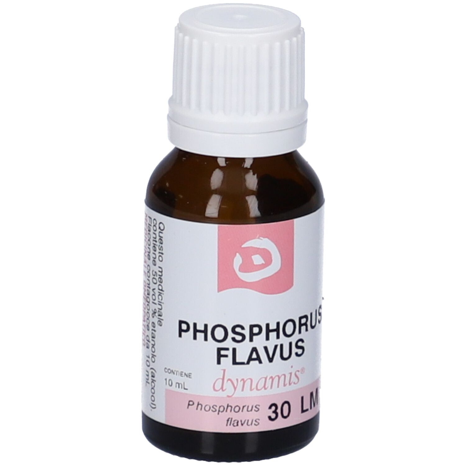 Flacone contagocce marrone con tappo bianco. Etichetta rosa con testo: Phosphorus Flavus 30 LM, dynamis.