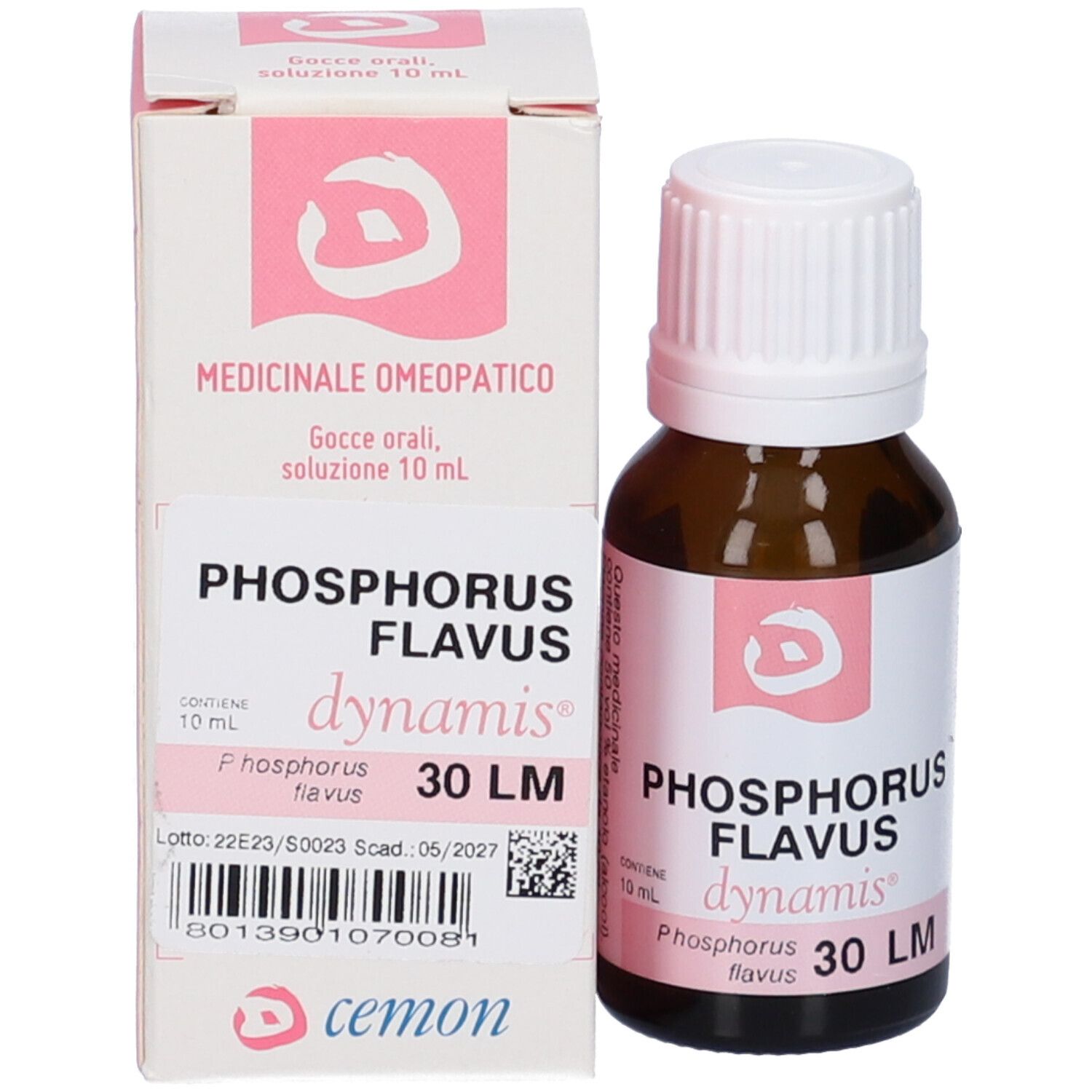 Flacone e scatola del prodotto. Scritte: Phosphorus Flavus 30 LM, dynamis, cemon.