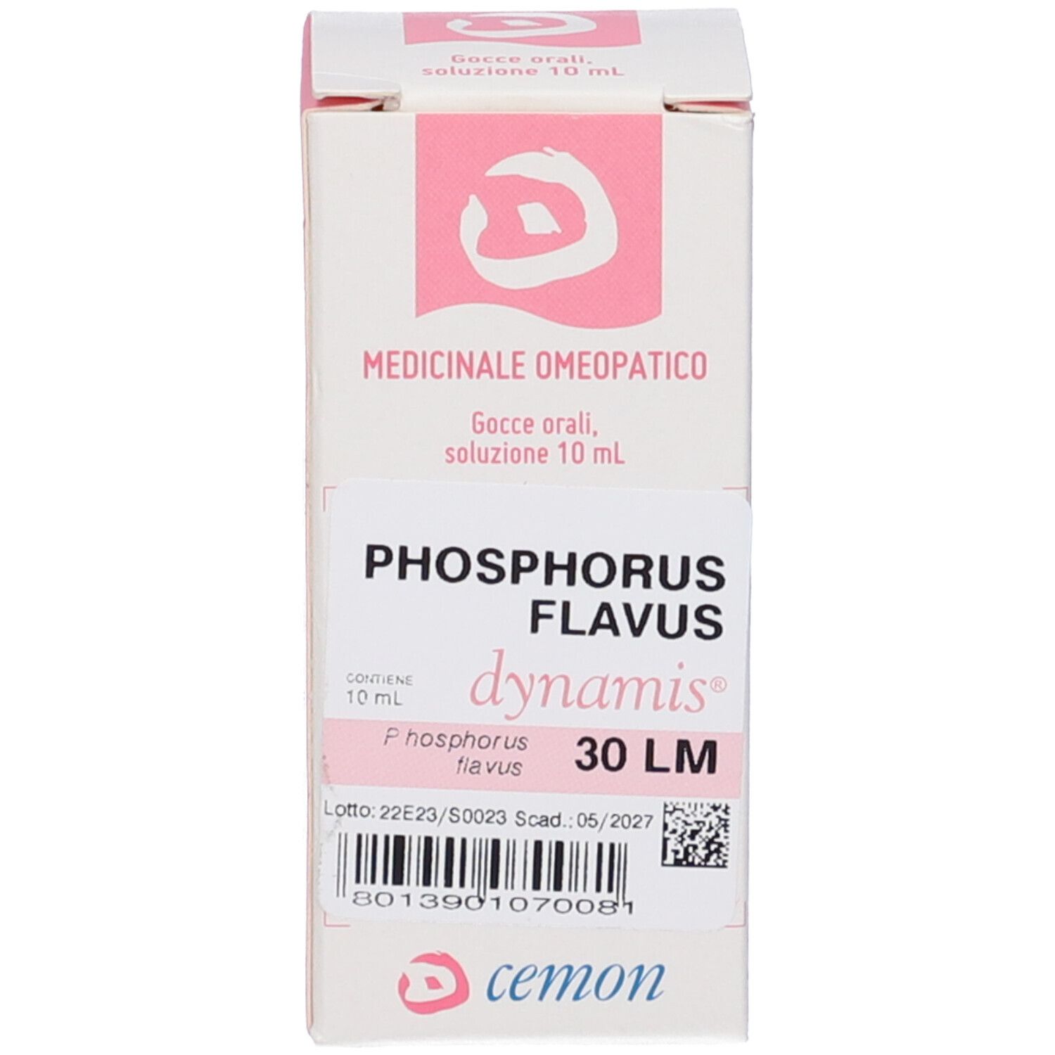 Scatola del prodotto con flacone. Scritte: Phosphorus Flavus 30 LM, dynamis, cemon.