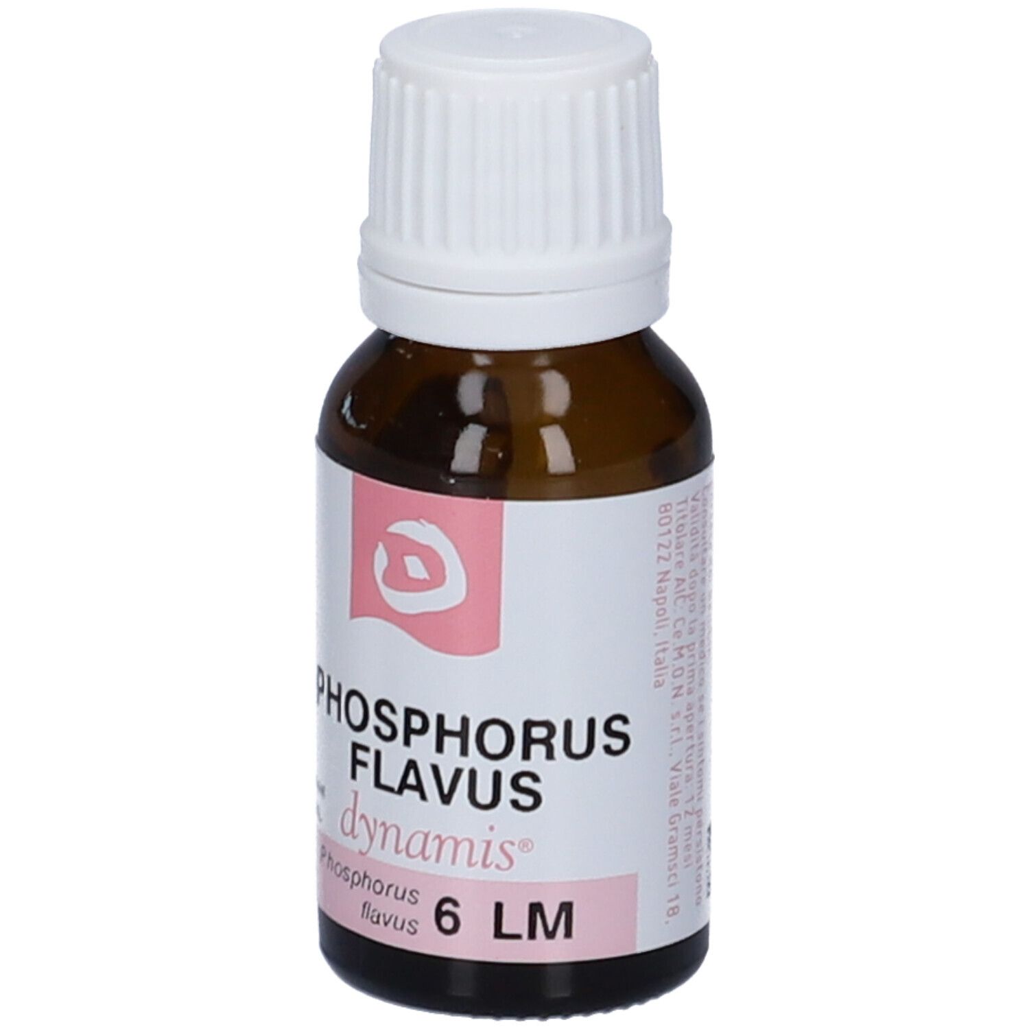 Flacone di vetro marrone con tappo bianco. Etichetta con nome del prodotto e logo. Contiene 6 LM Phosphorus Flavus.