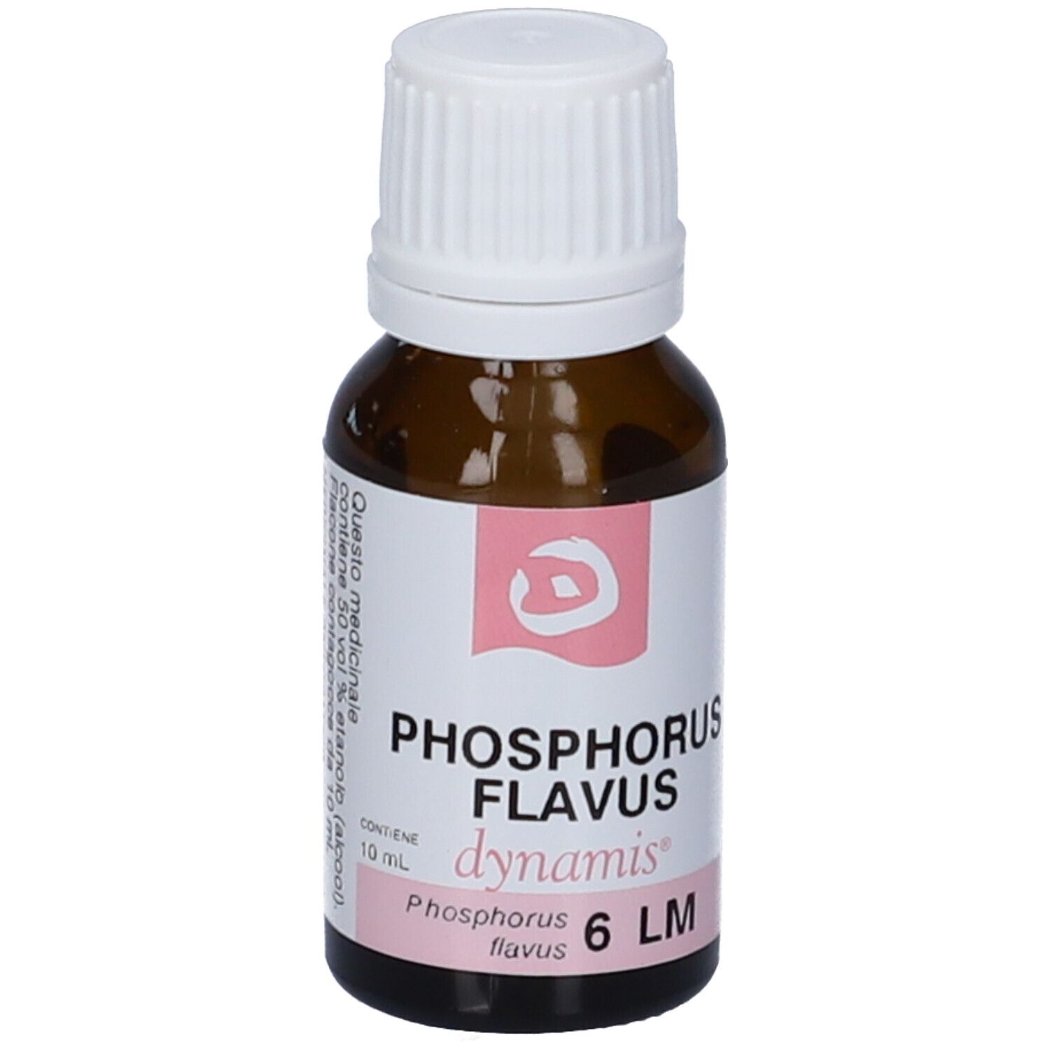 Flacone di vetro marrone con tappo bianco. Etichetta con nome del prodotto e logo. Contiene 6 LM Phosphorus Flavus.