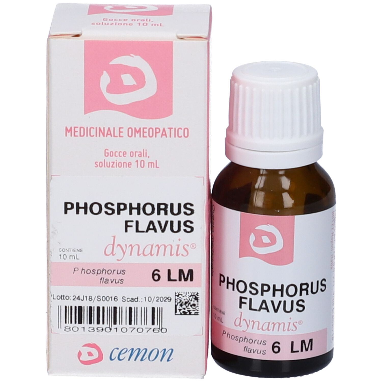 Flacone e confezione del prodotto. Confezione con nome del prodotto e logo. Contiene 6 LM Phosphorus Flavus. 10 ml.