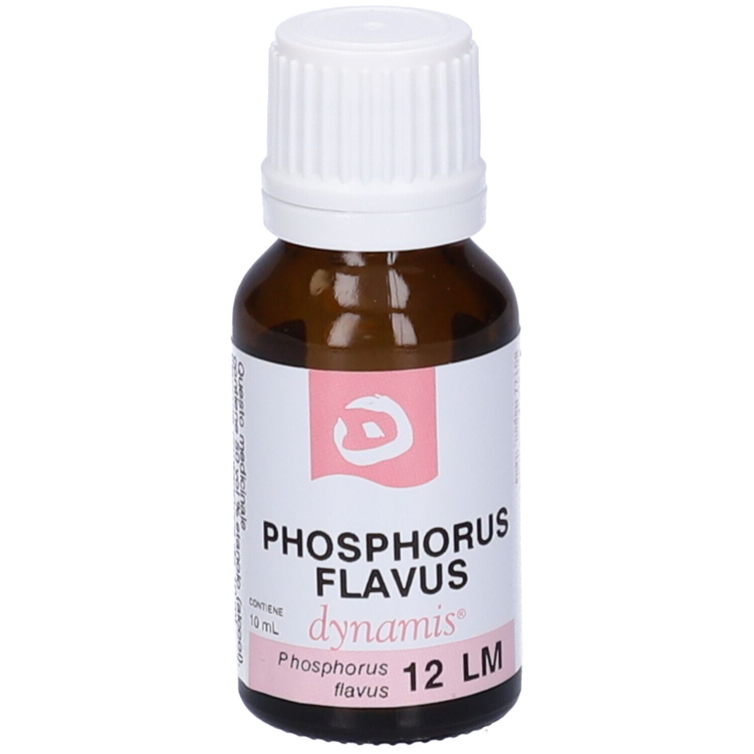 Flacone di vetro marrone con tappo bianco. Scritte: Phosphorus Flavus 12 LM, dynamis.