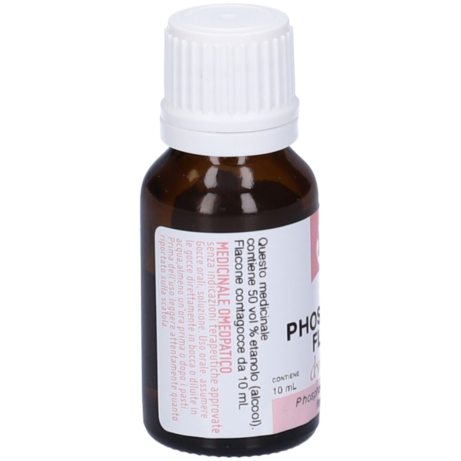 Flacone di vetro marrone con tappo bianco. Scritte: Phosphorus Flavus 12 LM, dynamis. Contiene 10 ml.